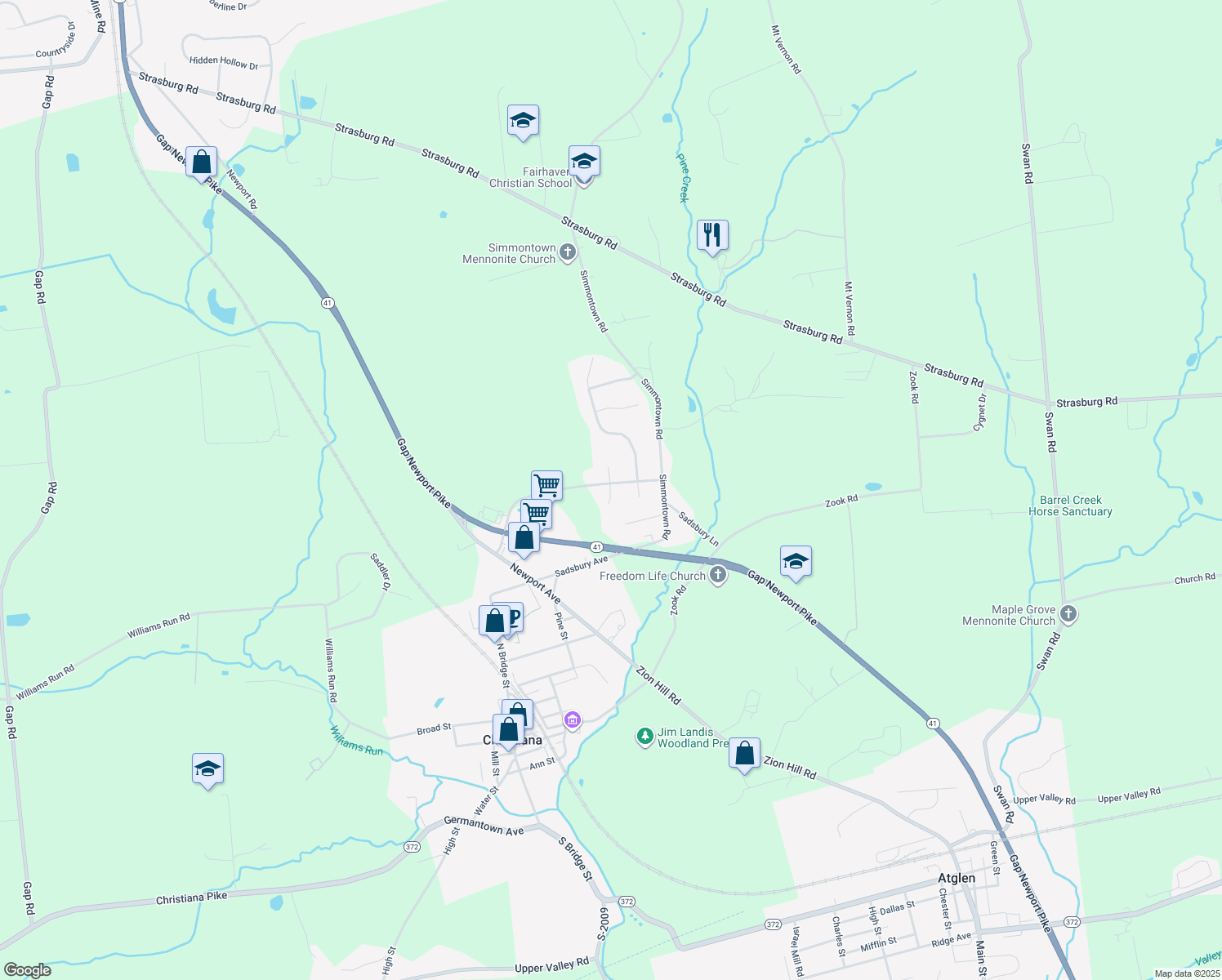 map of restaurants, bars, coffee shops, grocery stores, and more near 128 South Sadsbury Court in Gap