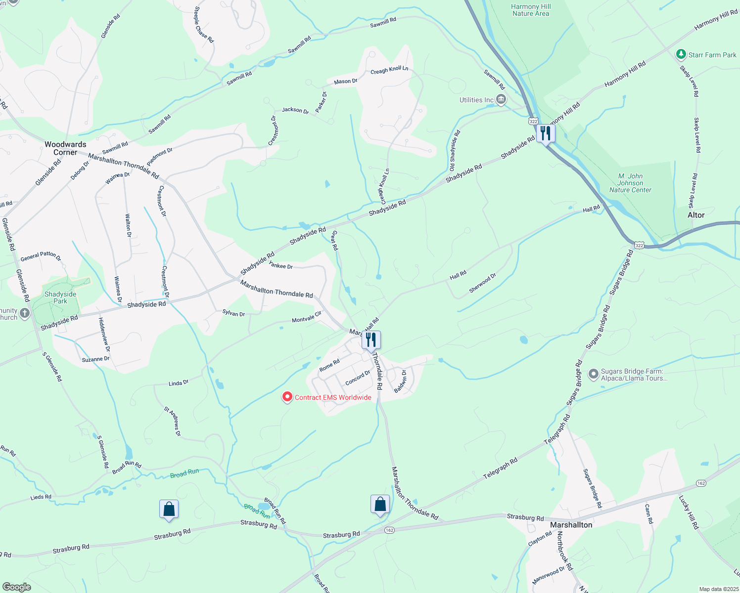 map of restaurants, bars, coffee shops, grocery stores, and more near 1473 Hall Rd in West Chester
