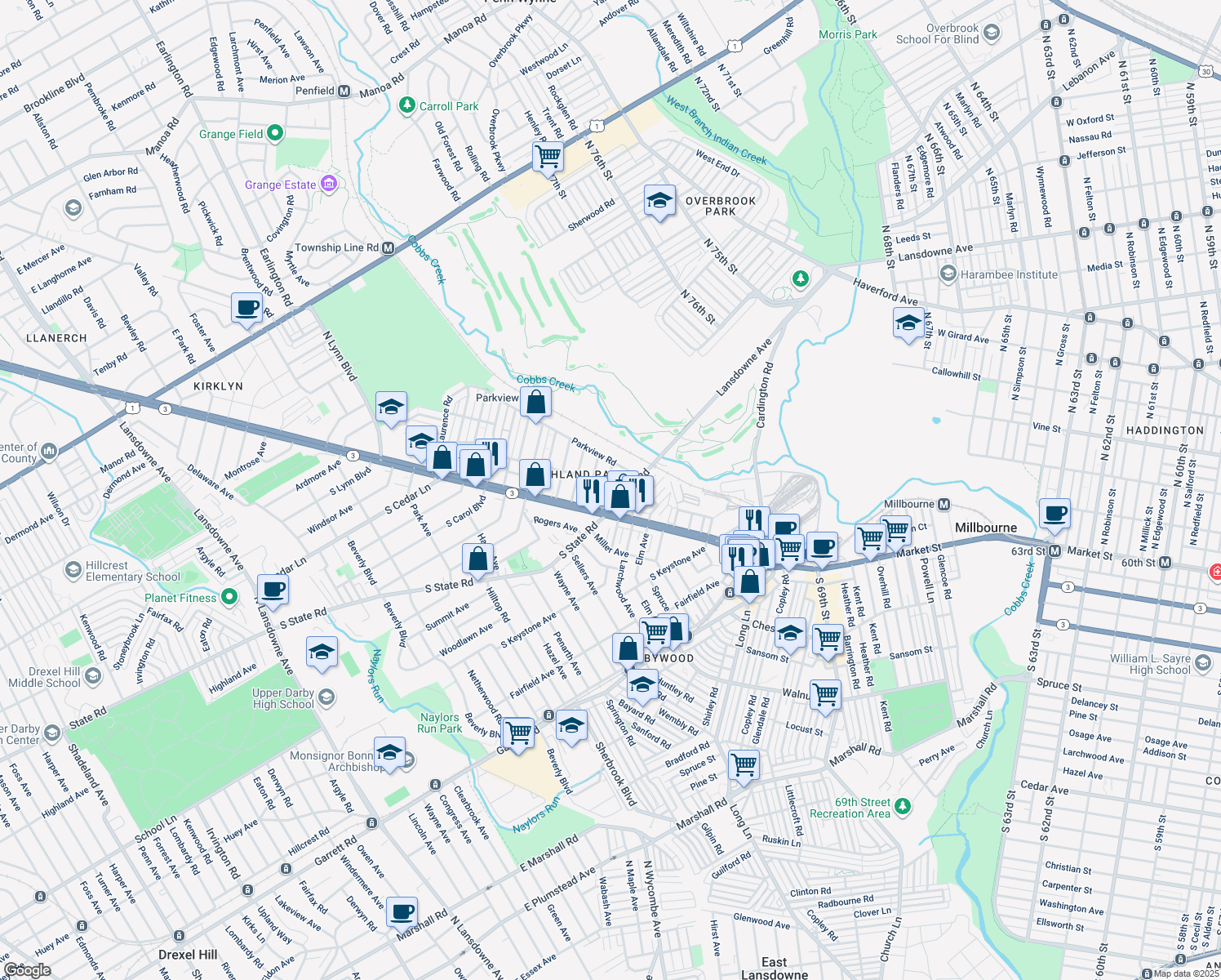 map of restaurants, bars, coffee shops, grocery stores, and more near 15 Ardsley Road in Upper Darby