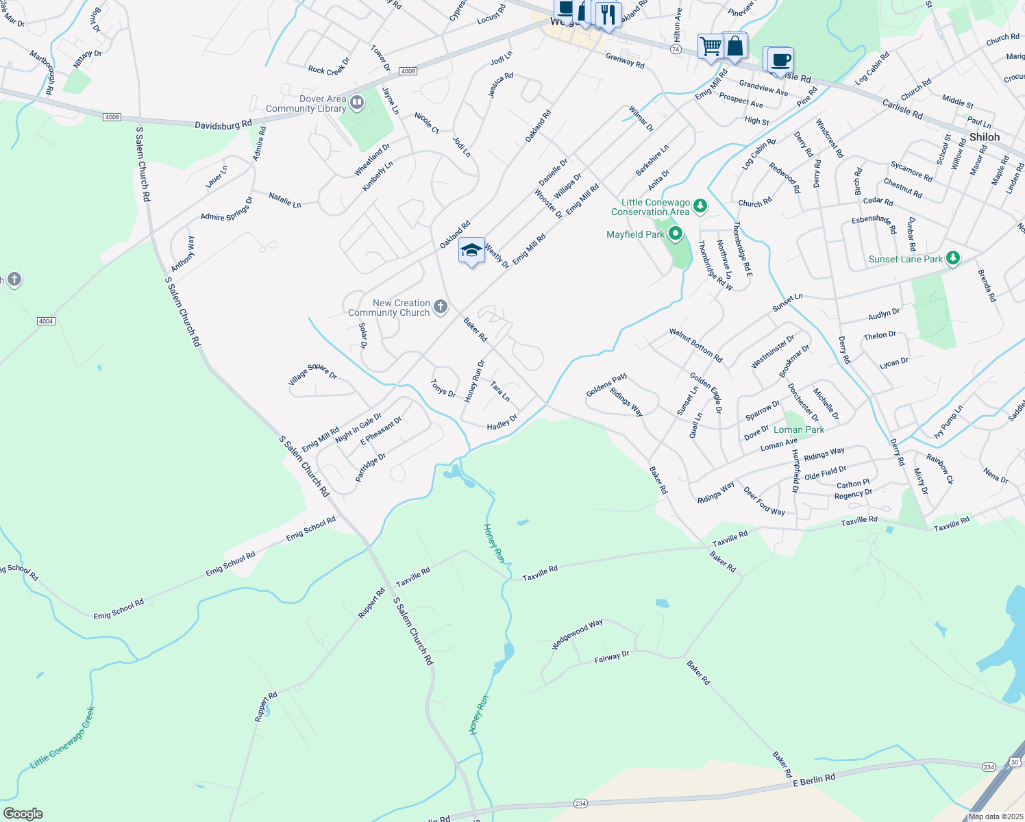 map of restaurants, bars, coffee shops, grocery stores, and more near 2720 Tara Lane in York