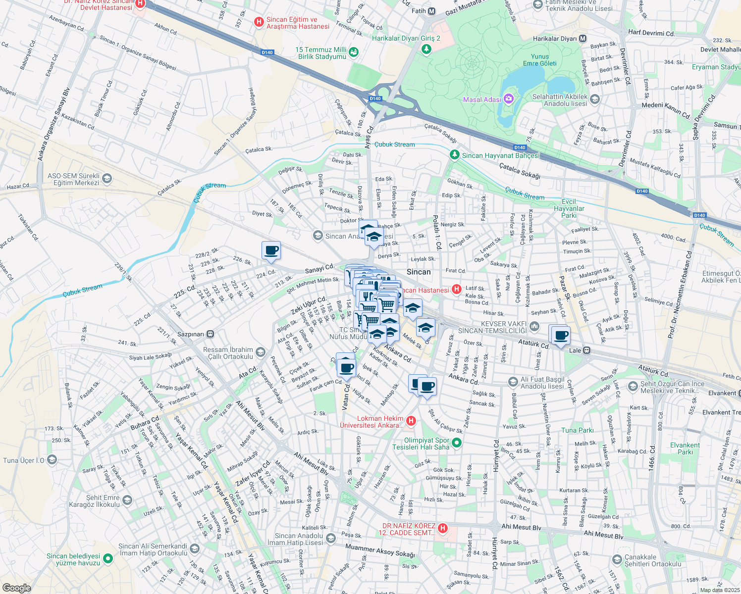 map of restaurants, bars, coffee shops, grocery stores, and more near 6 Atatürk Caddesi in Sincan