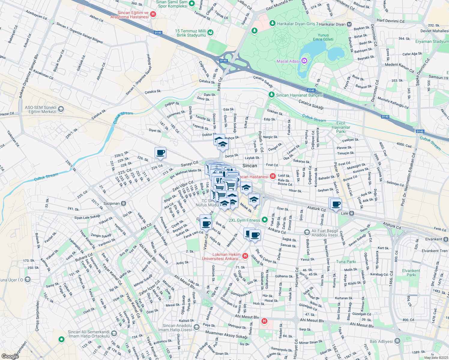 map of restaurants, bars, coffee shops, grocery stores, and more near 6 Atatürk Caddesi in Sincan