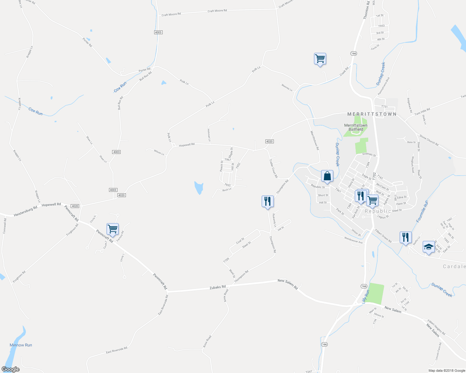 map of restaurants, bars, coffee shops, grocery stores, and more near 625 Main Street in Brownsville