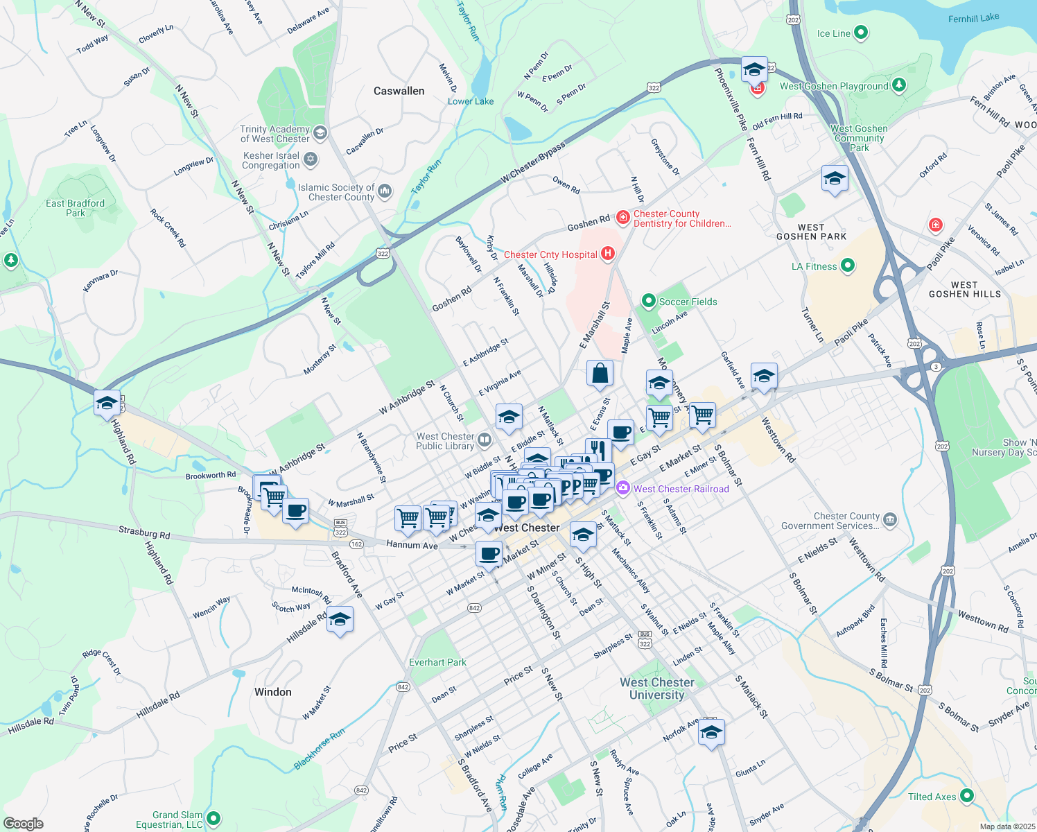 map of restaurants, bars, coffee shops, grocery stores, and more near 445 North Walnut Street in West Chester
