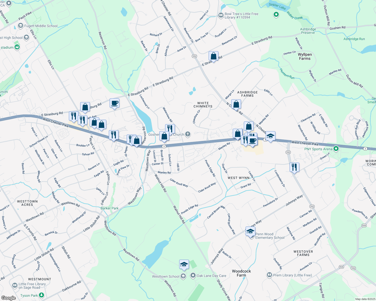 map of restaurants, bars, coffee shops, grocery stores, and more near 221 Summit House in West Chester