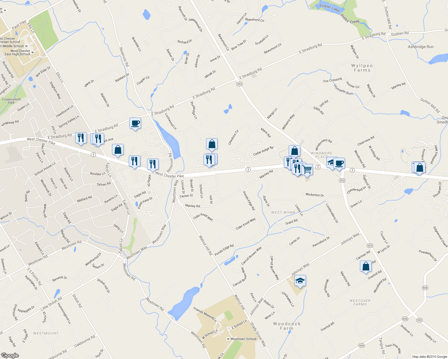map of restaurants, bars, coffee shops, grocery stores, and more near 218 Summit House in West Chester
