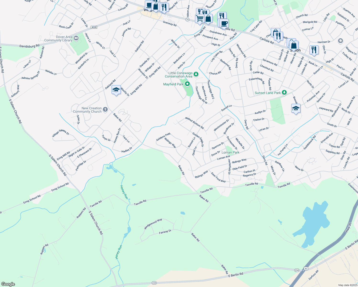 map of restaurants, bars, coffee shops, grocery stores, and more near 3005 Goldens Path in York