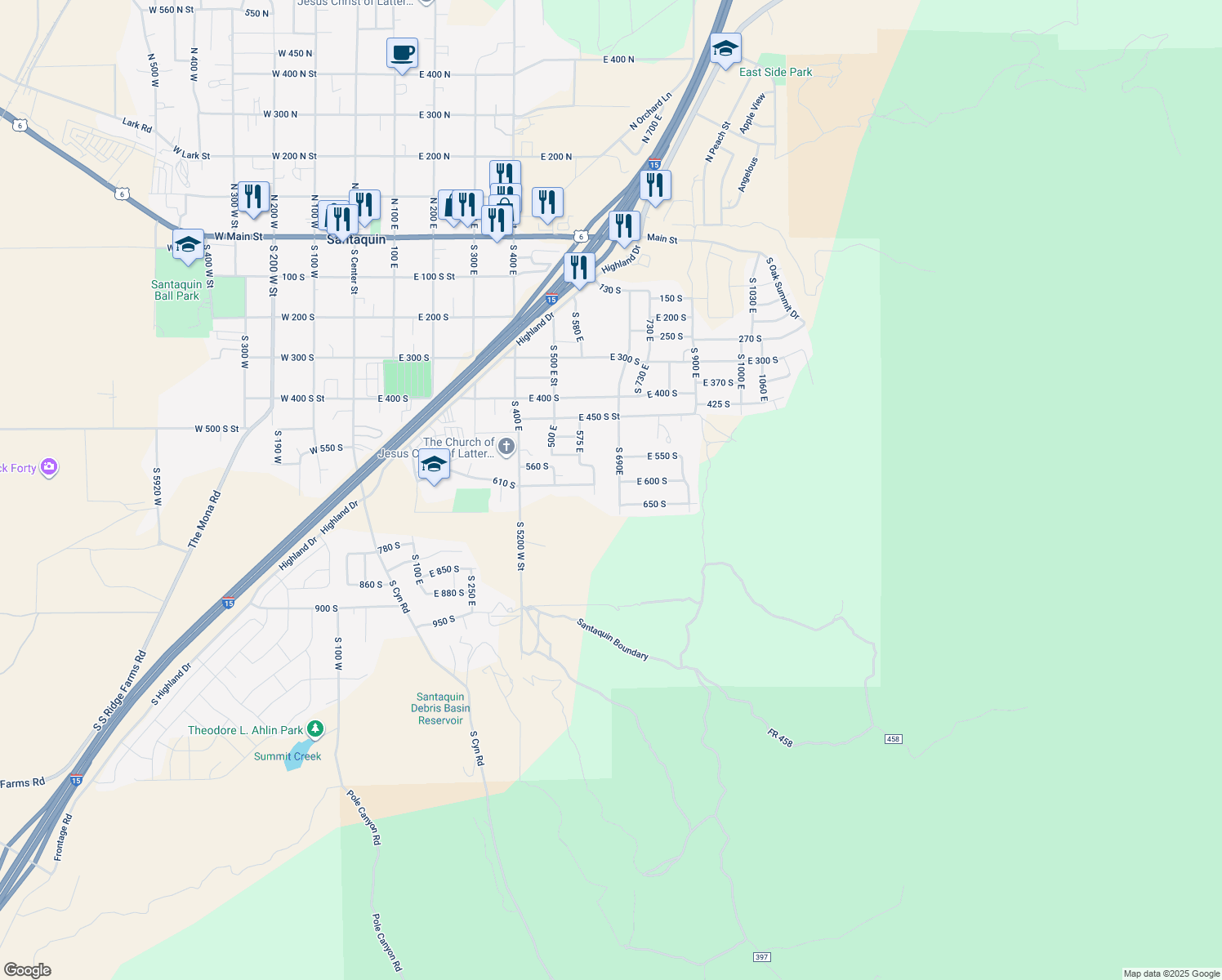 map of restaurants, bars, coffee shops, grocery stores, and more near 626 South 690 East in Santaquin