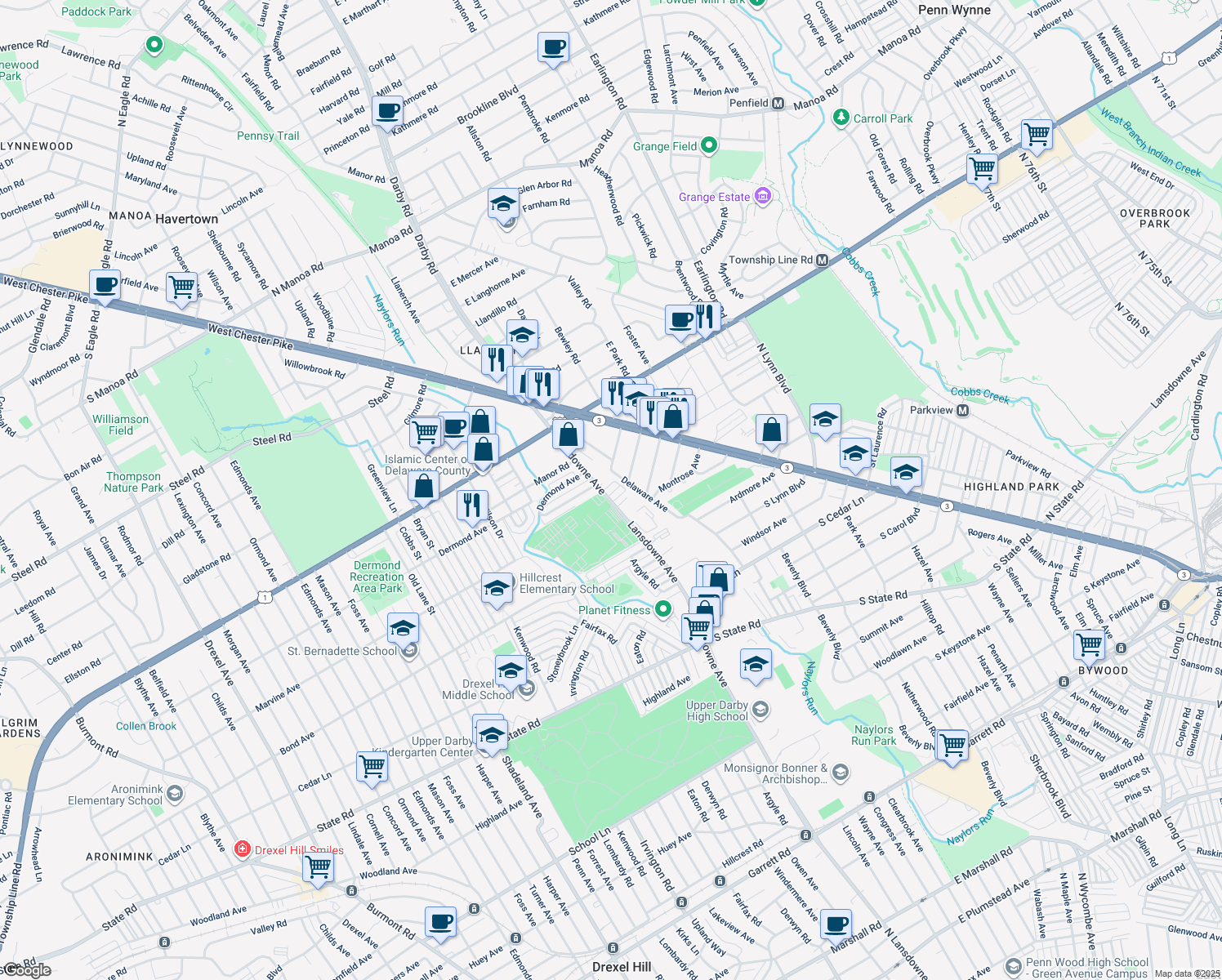 map of restaurants, bars, coffee shops, grocery stores, and more near 81 South Harwood Avenue in Upper Darby