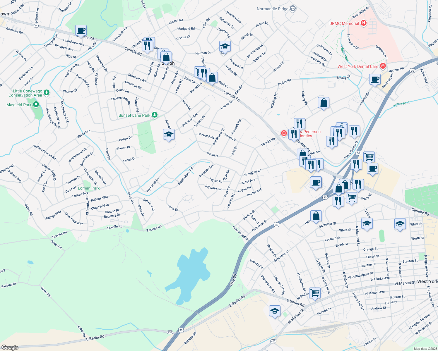 map of restaurants, bars, coffee shops, grocery stores, and more near 2418 Amethyst Road in York