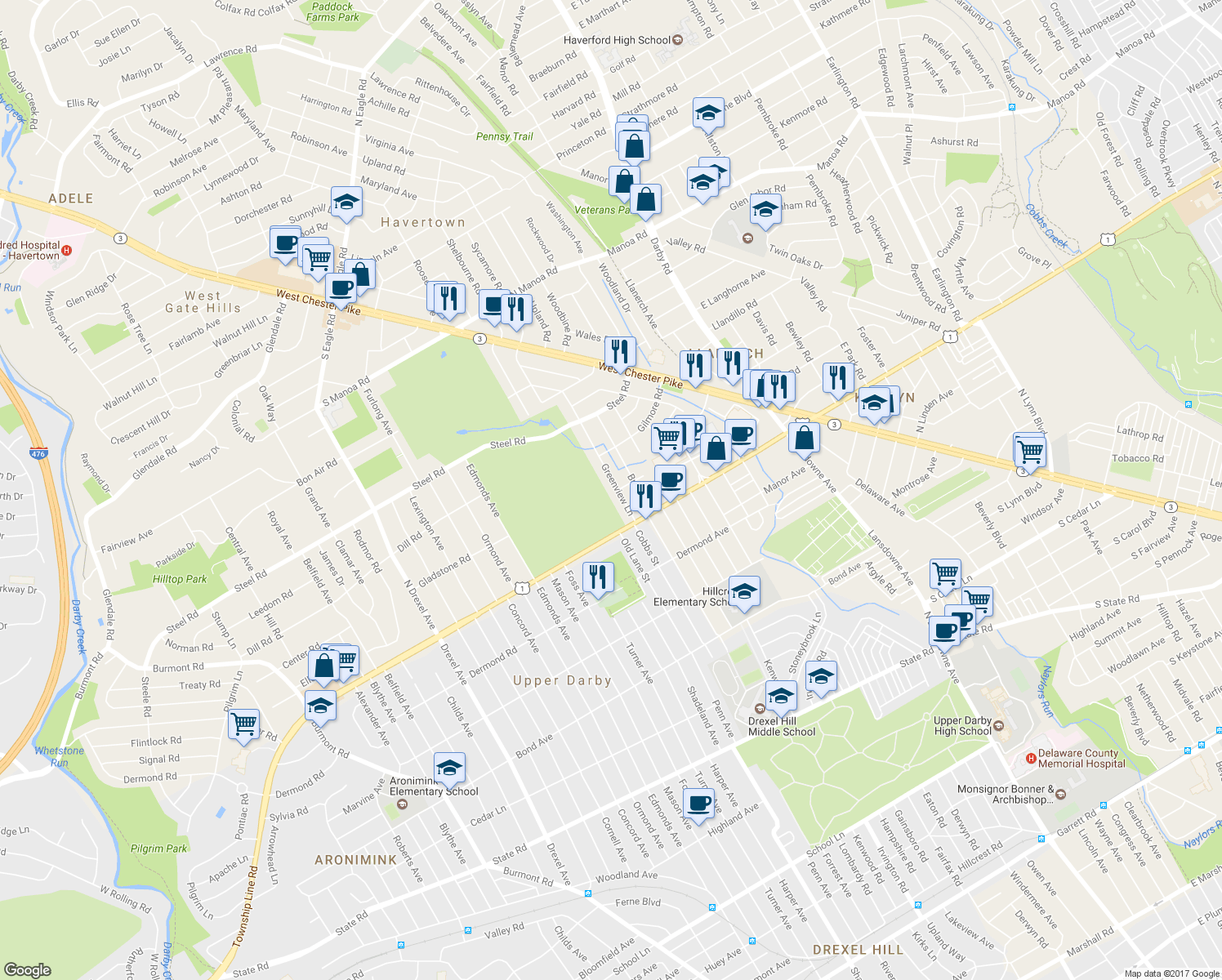 map of restaurants, bars, coffee shops, grocery stores, and more near 300 Greenview Lane in Havertown