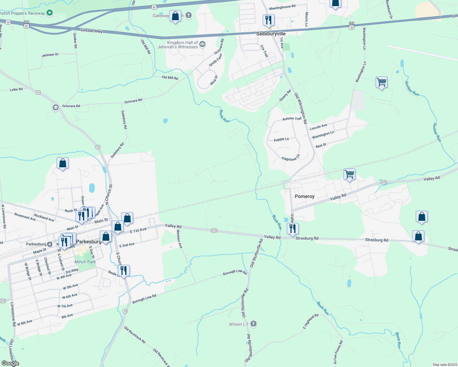 map of restaurants, bars, coffee shops, grocery stores, and more near 30 Celeste Lane in Coatesville