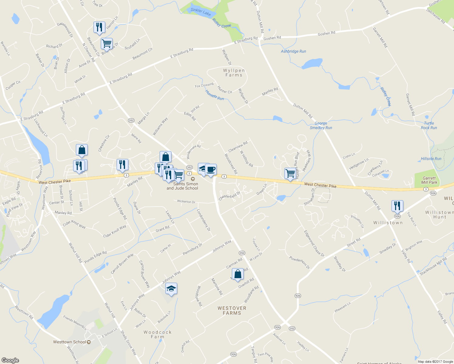 map of restaurants, bars, coffee shops, grocery stores, and more near 2723 Whittleby Court in West Chester