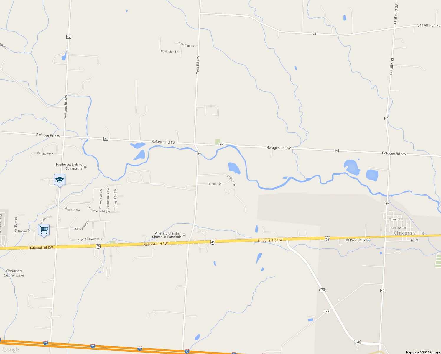 map of restaurants, bars, coffee shops, grocery stores, and more near 70 Zellers Lane in Pataskala