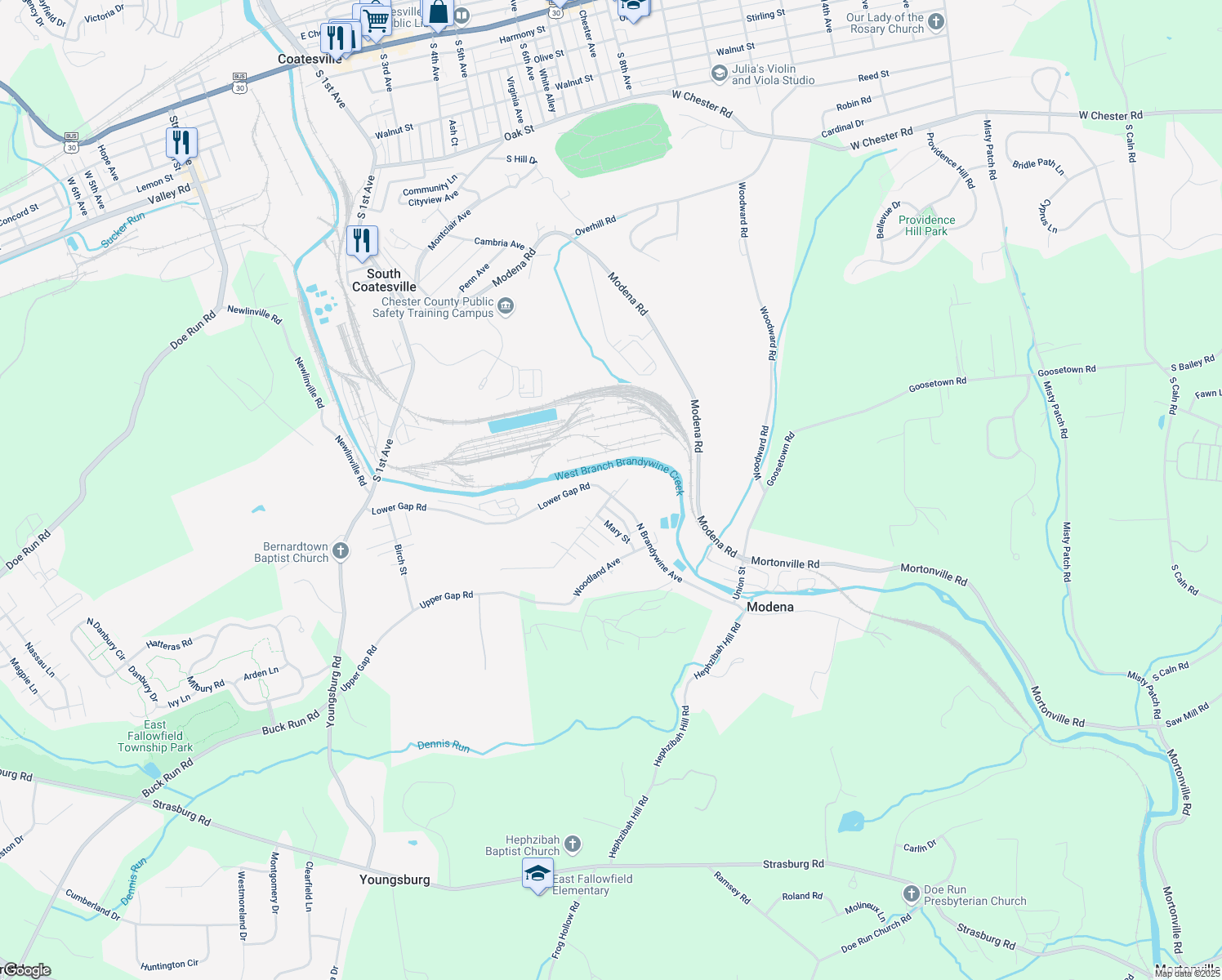 map of restaurants, bars, coffee shops, grocery stores, and more near 136 North Brandywine Avenue in Coatesville