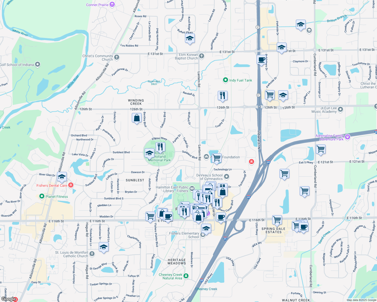 map of restaurants, bars, coffee shops, grocery stores, and more near 12391 Turkel Drive in Fishers