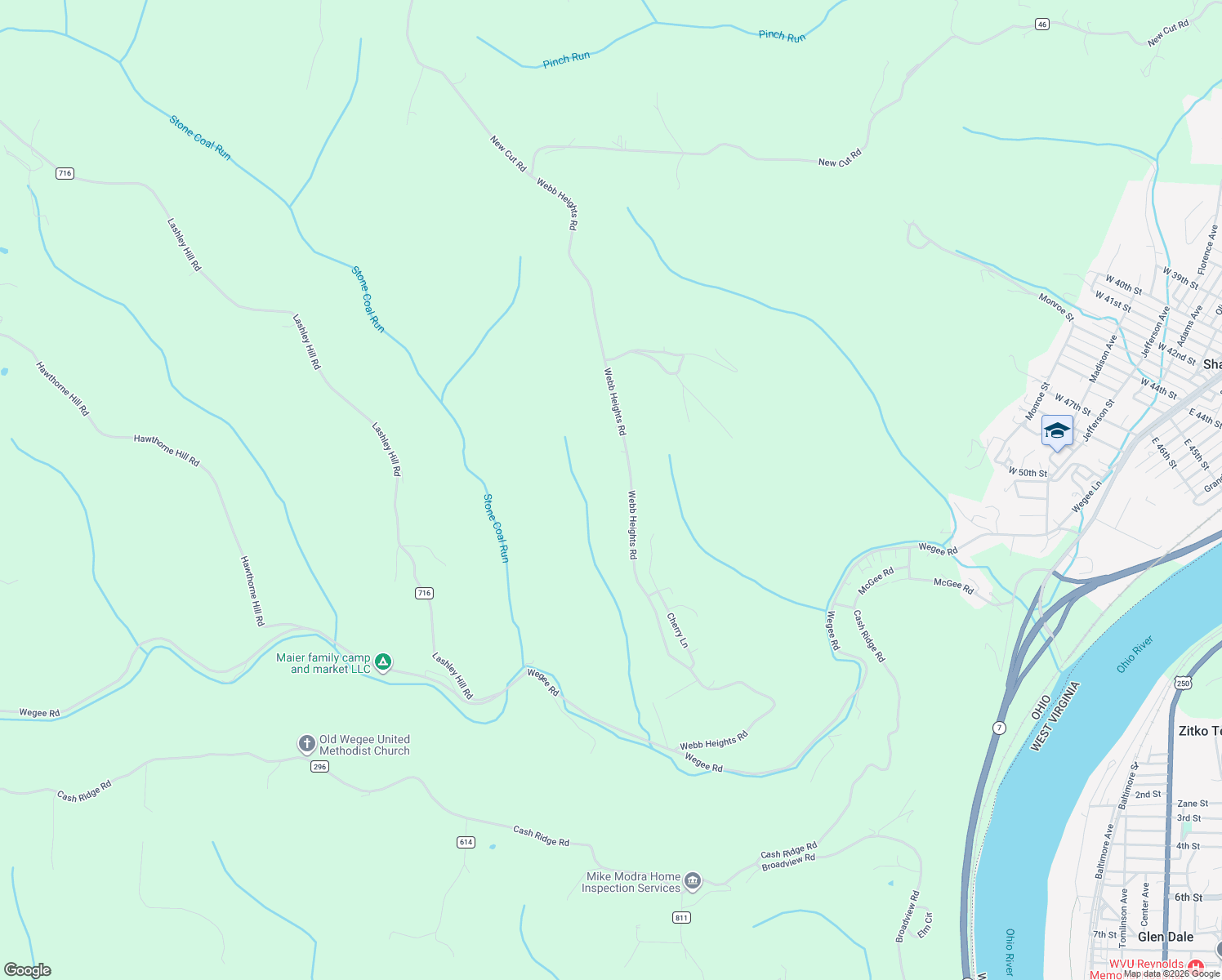 map of restaurants, bars, coffee shops, grocery stores, and more near 61080 Webb Heights Road in Shadyside