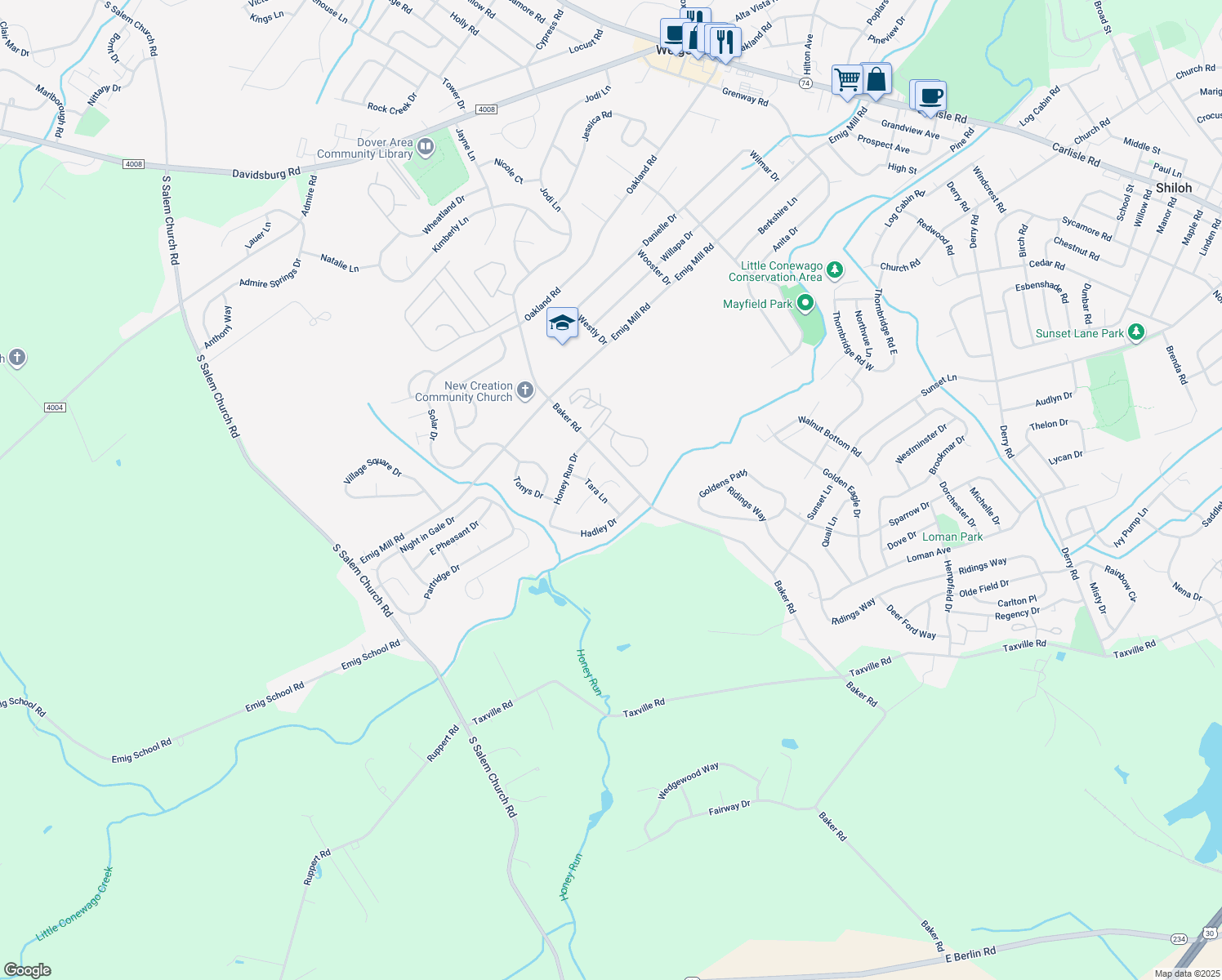 map of restaurants, bars, coffee shops, grocery stores, and more near 3004 Bedford Pl in York