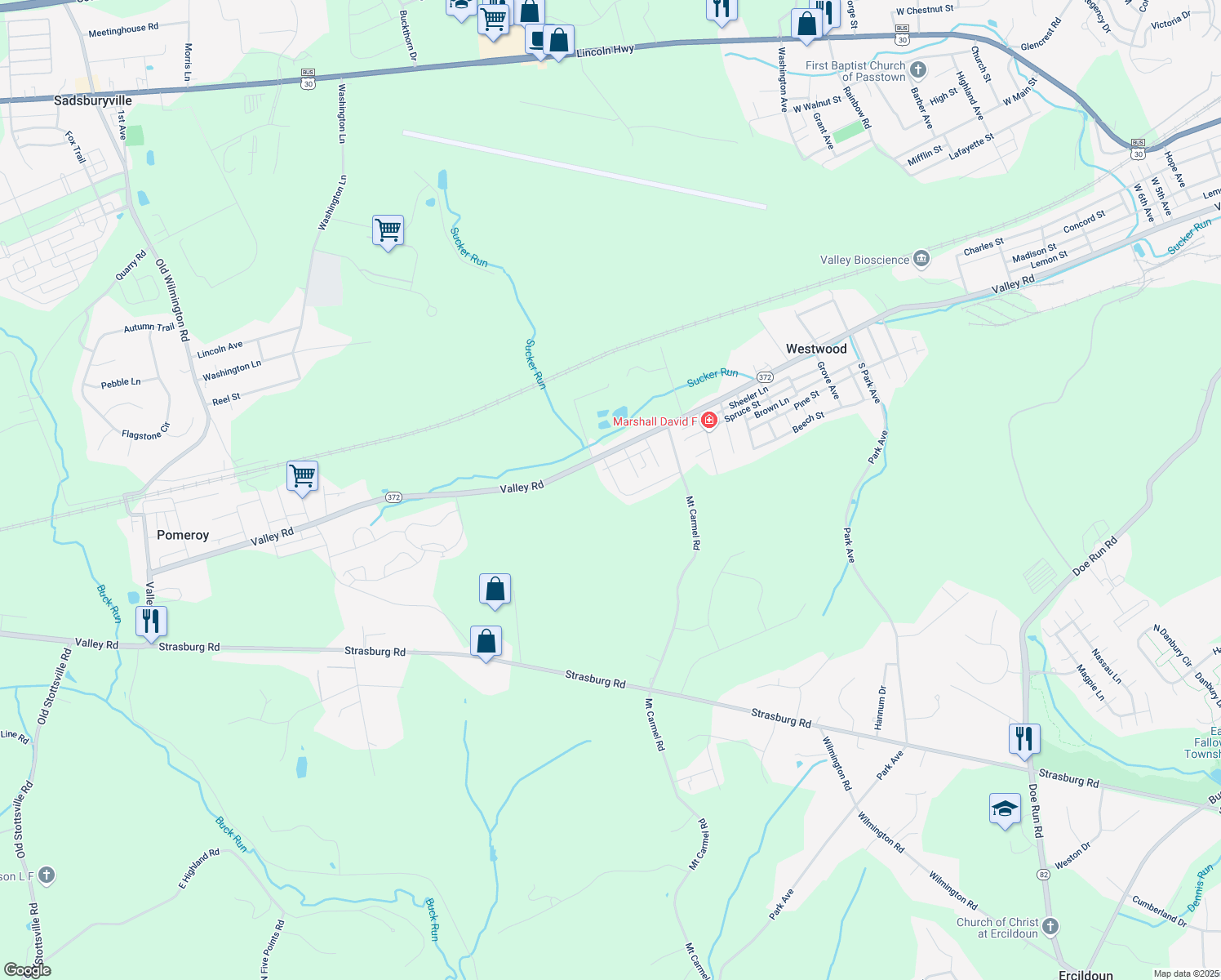 map of restaurants, bars, coffee shops, grocery stores, and more near 32 Maple Avenue in Coatesville
