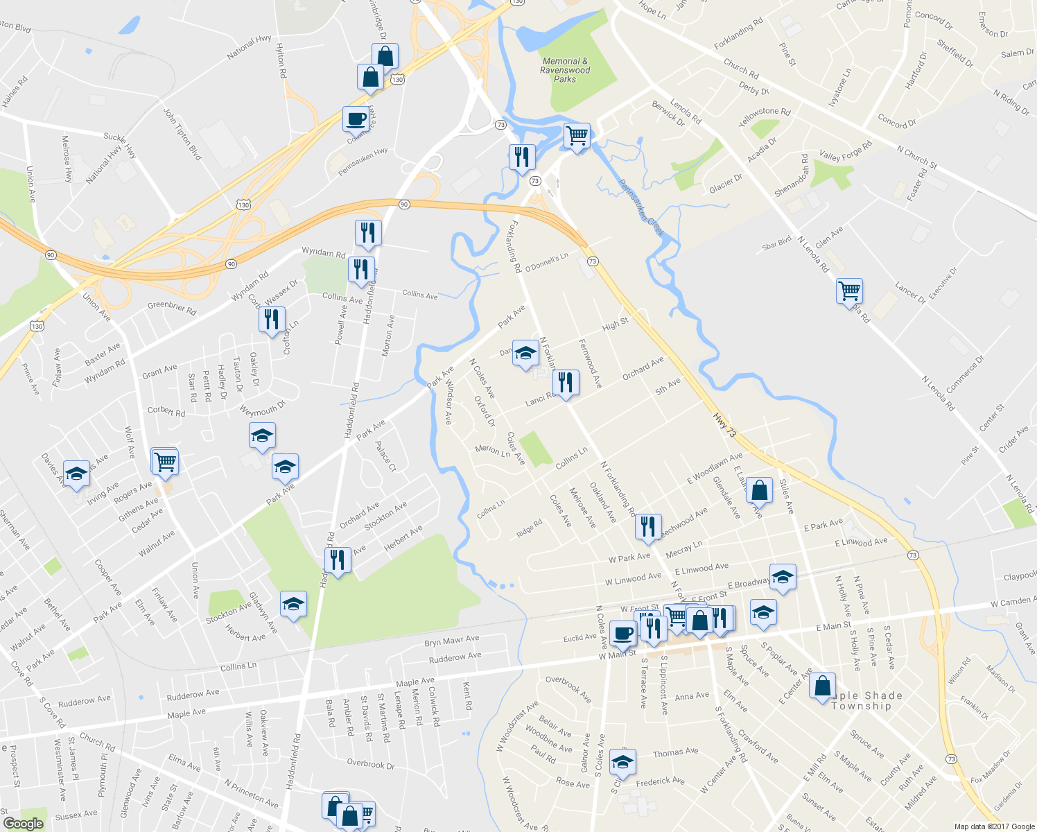 map of restaurants, bars, coffee shops, grocery stores, and more near 16 Farmhouse Ln in Maple Shade
