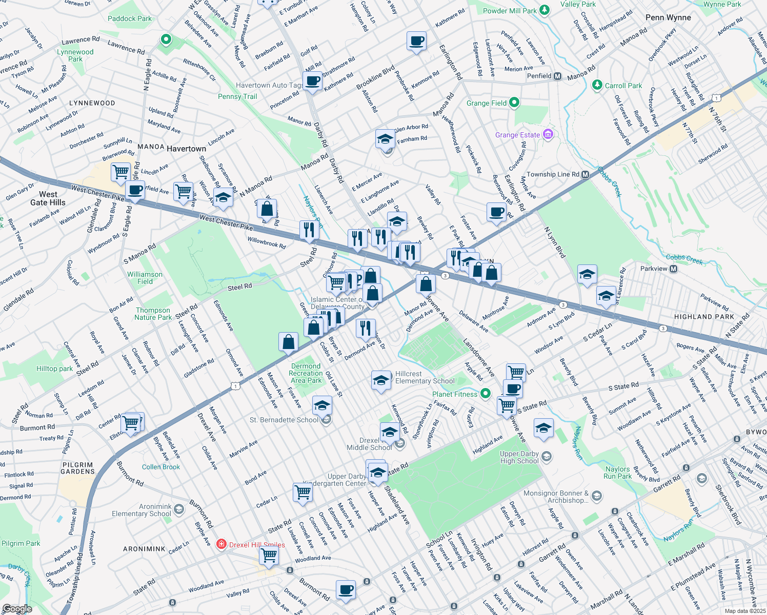 map of restaurants, bars, coffee shops, grocery stores, and more near 2411 David Drive in Havertown