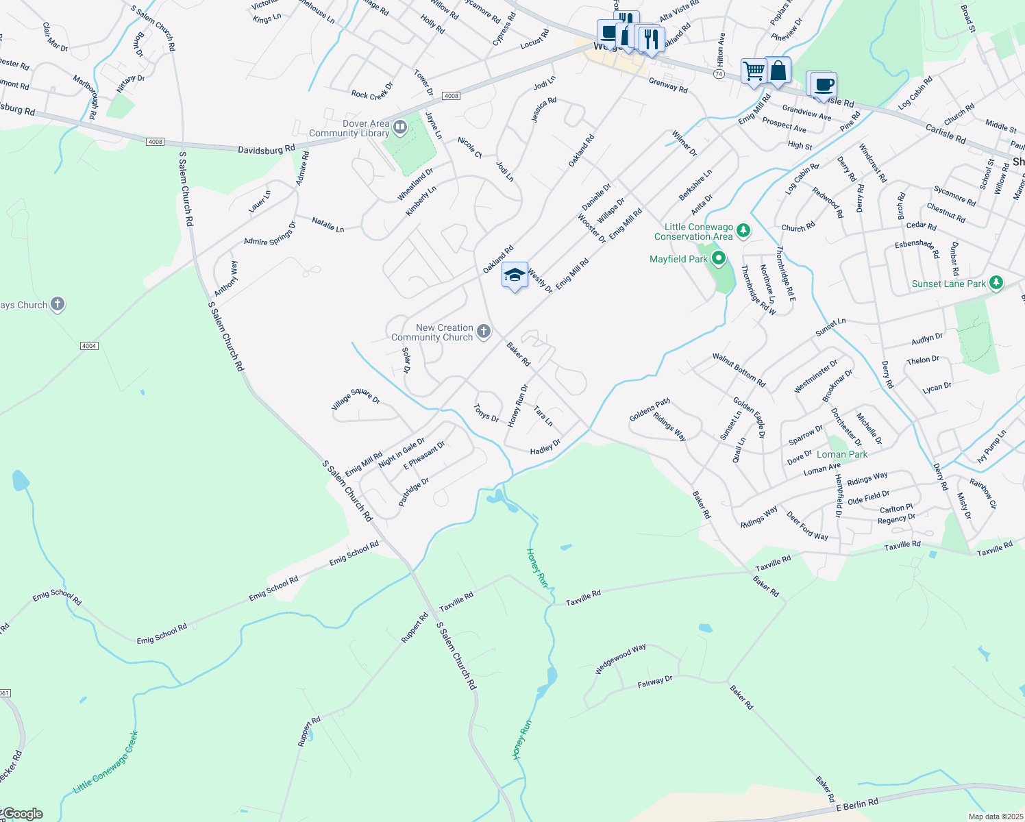 map of restaurants, bars, coffee shops, grocery stores, and more near 3047 Honey Run Drive in York