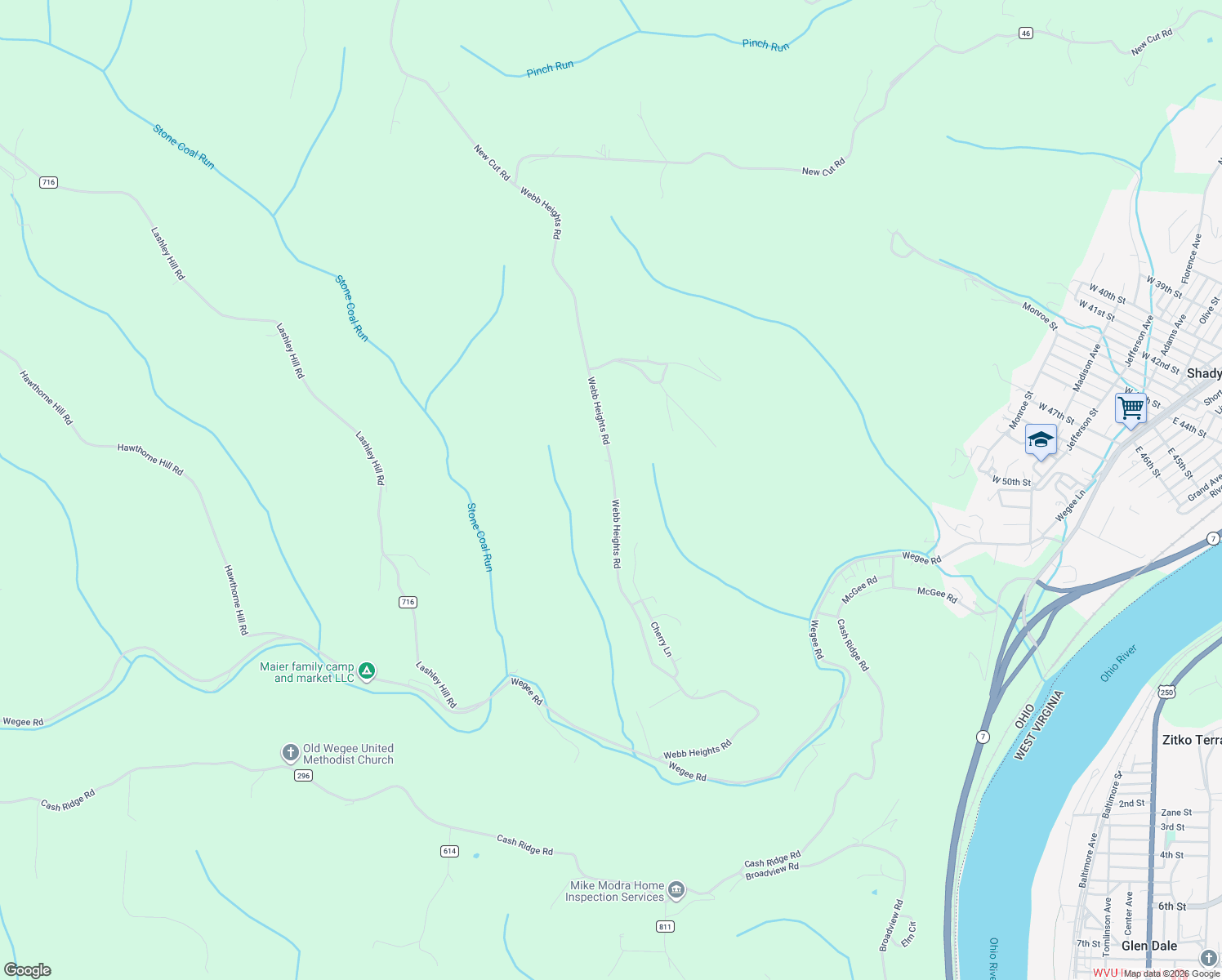 map of restaurants, bars, coffee shops, grocery stores, and more near 61080 Webb Heights Road in Shadyside