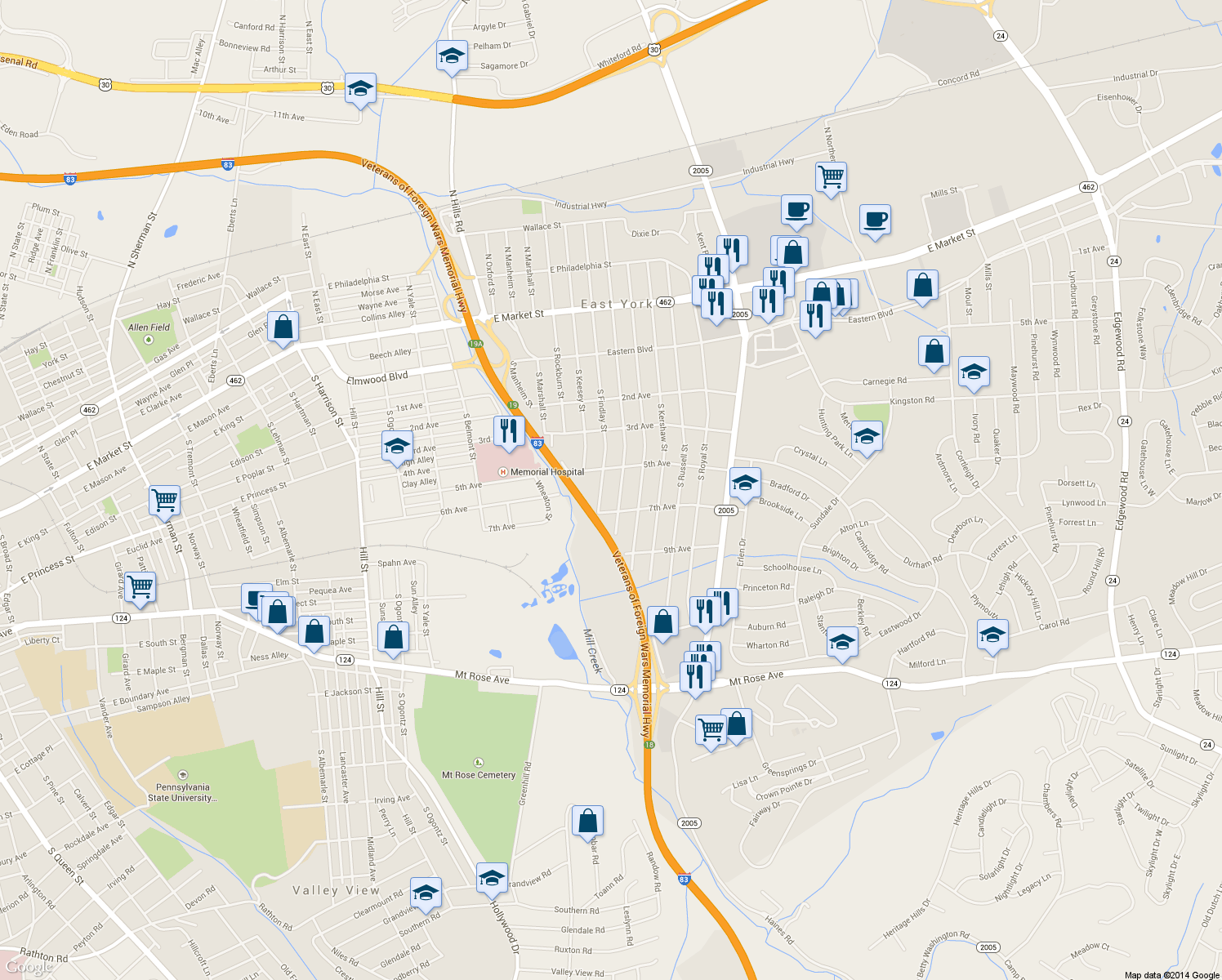 map of restaurants, bars, coffee shops, grocery stores, and more near 540 South Vernon Street in York