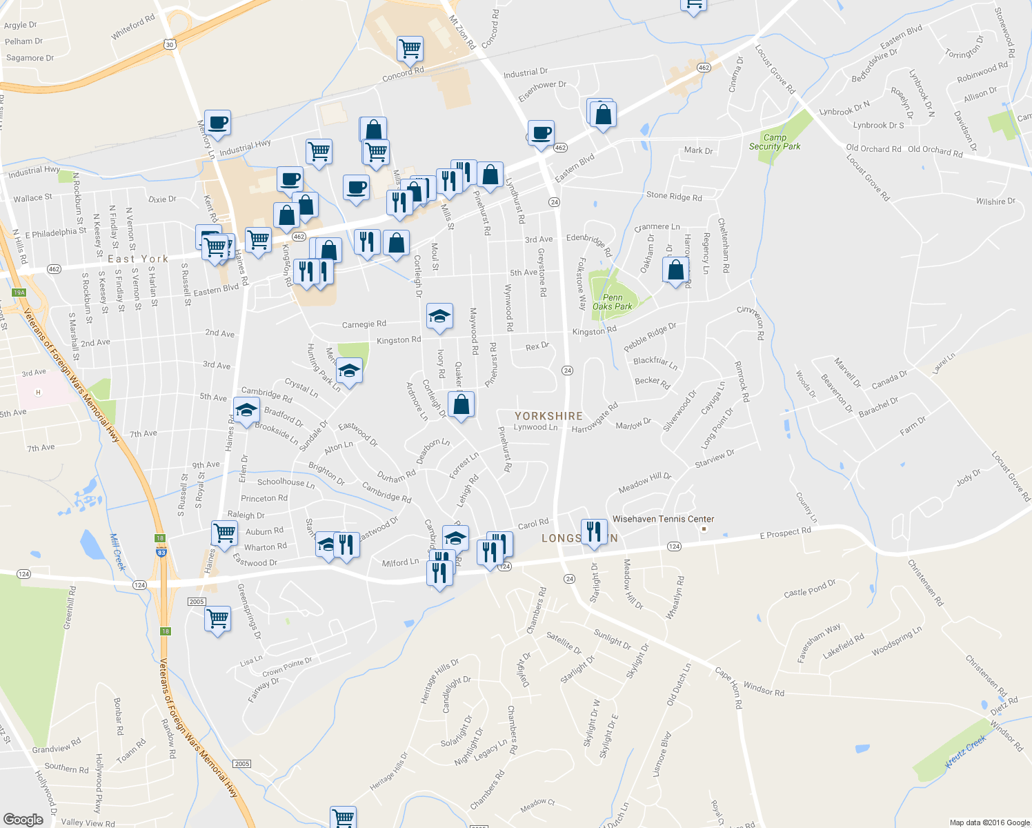 map of restaurants, bars, coffee shops, grocery stores, and more near 3230 Dorsett Lane in York