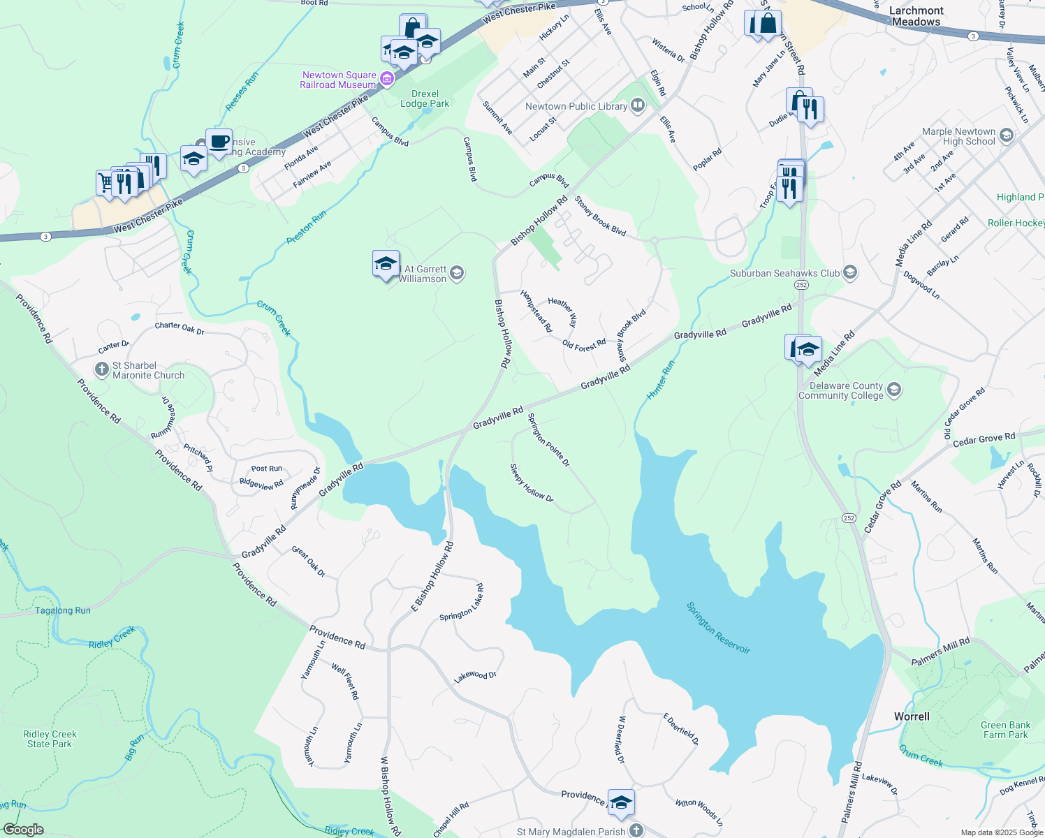 map of restaurants, bars, coffee shops, grocery stores, and more near 11 Sleepy Hollow Drive in Newtown Square