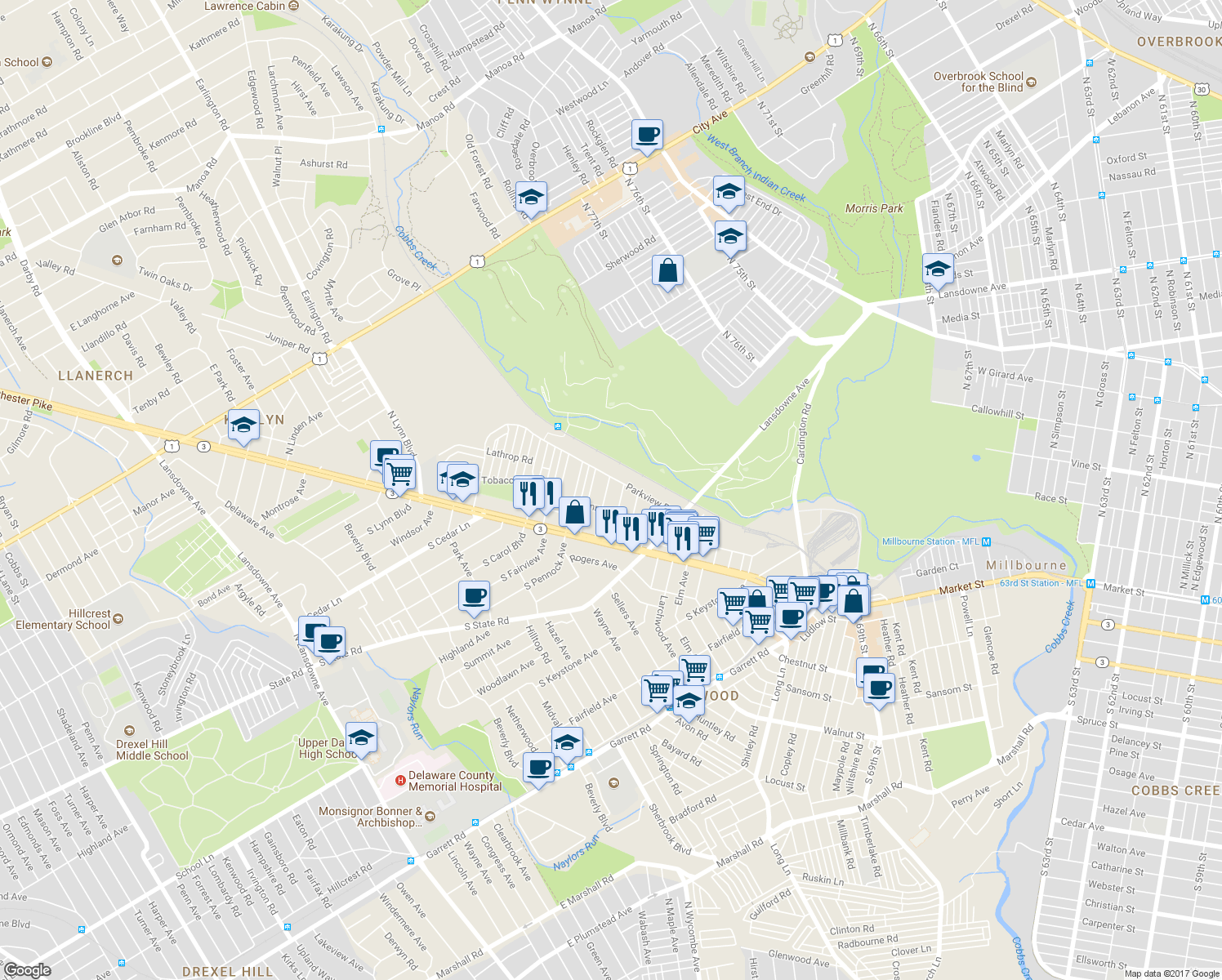 map of restaurants, bars, coffee shops, grocery stores, and more near 115 Englewood Road in Upper Darby