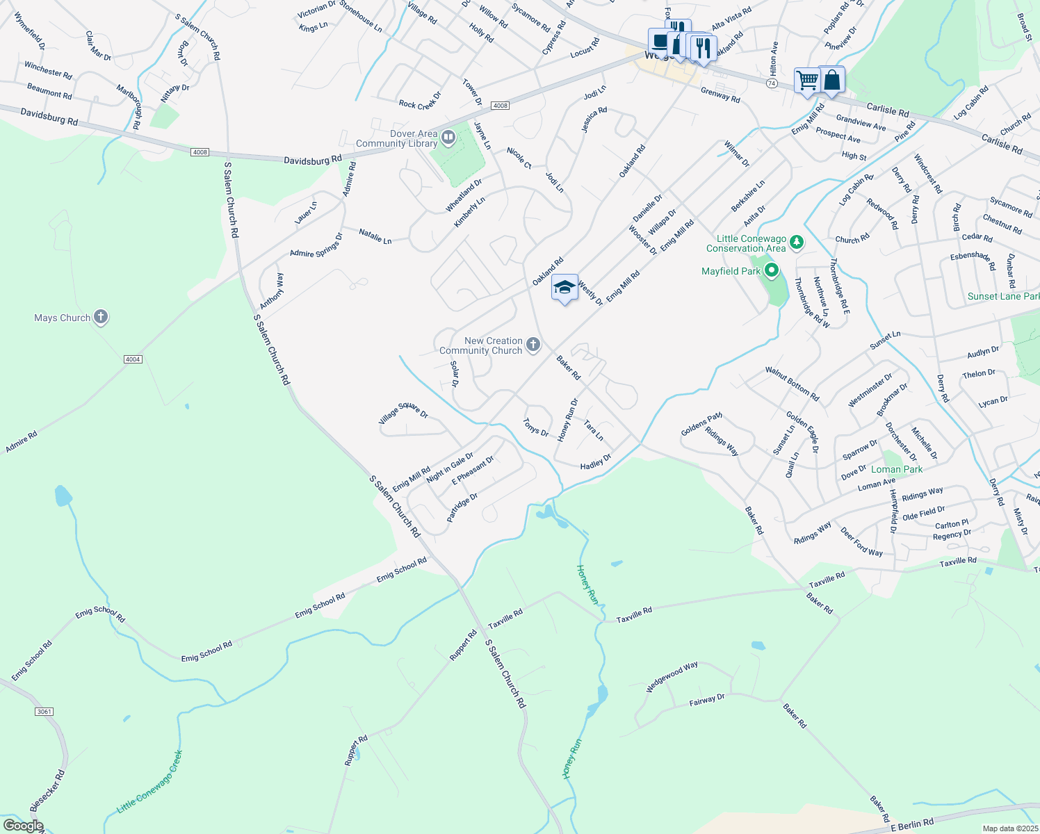 map of restaurants, bars, coffee shops, grocery stores, and more near 2840 Tonys Drive in York