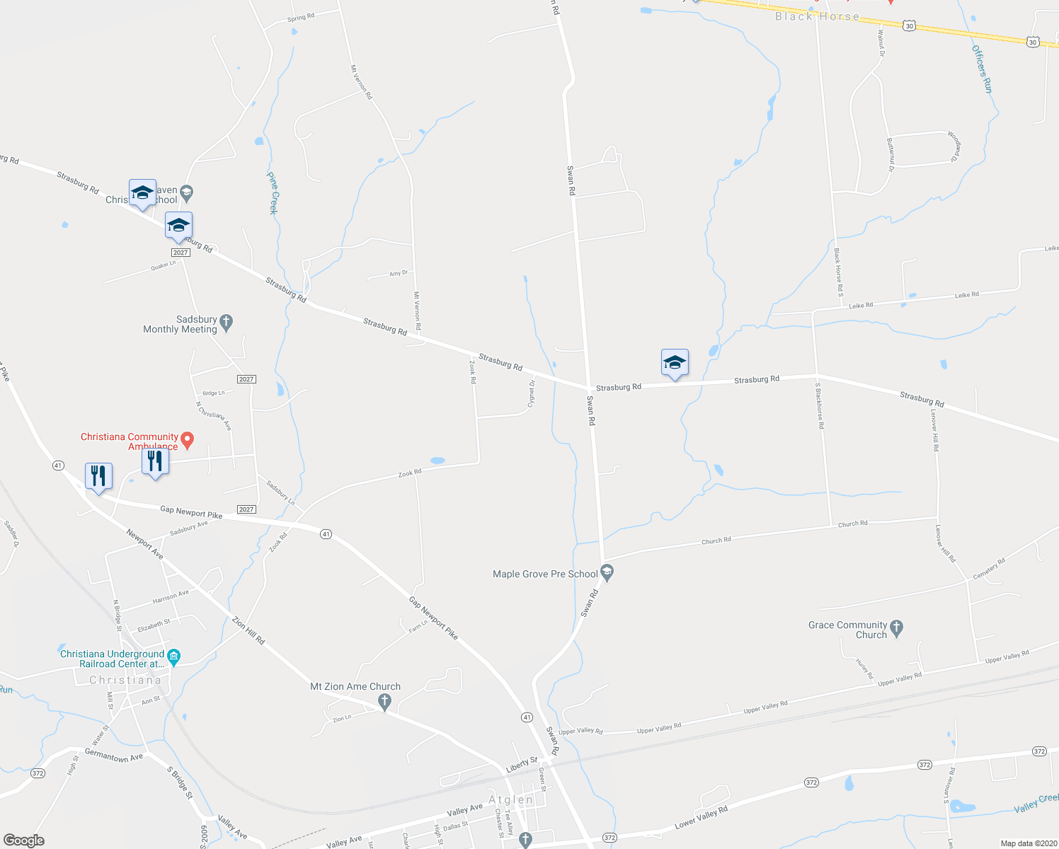 map of restaurants, bars, coffee shops, grocery stores, and more near 488 Cygnet Drive in Atglen