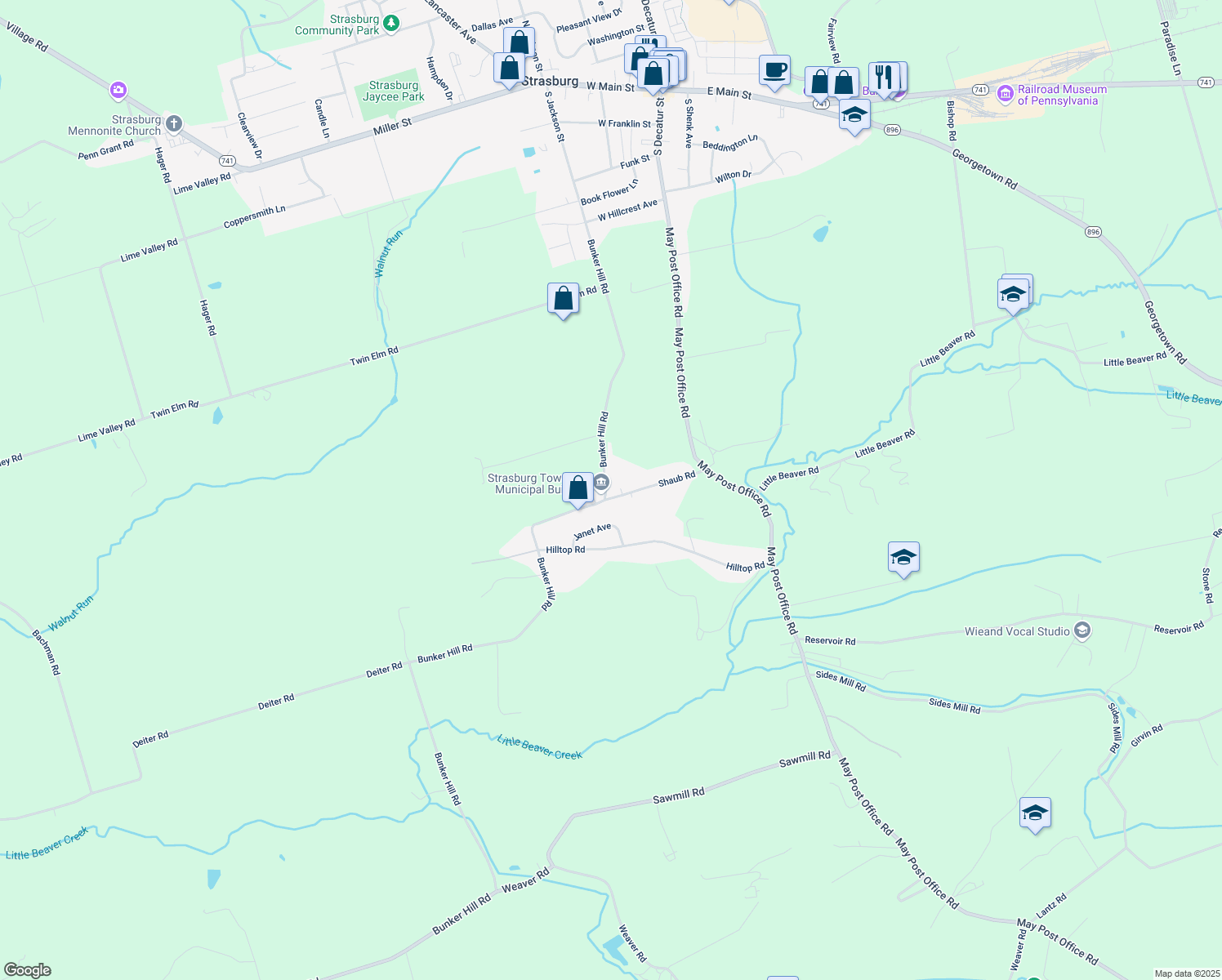 map of restaurants, bars, coffee shops, grocery stores, and more near 399 Shaub Road in Strasburg