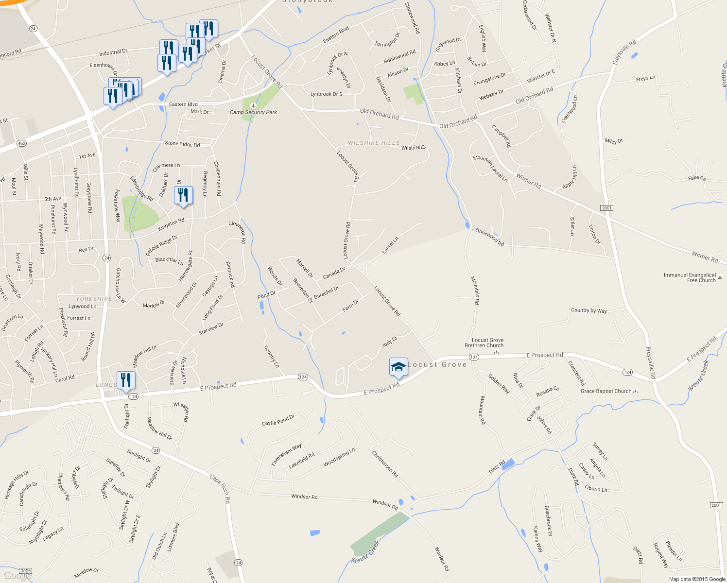 map of restaurants, bars, coffee shops, grocery stores, and more near 3985 Barachel Drive in York