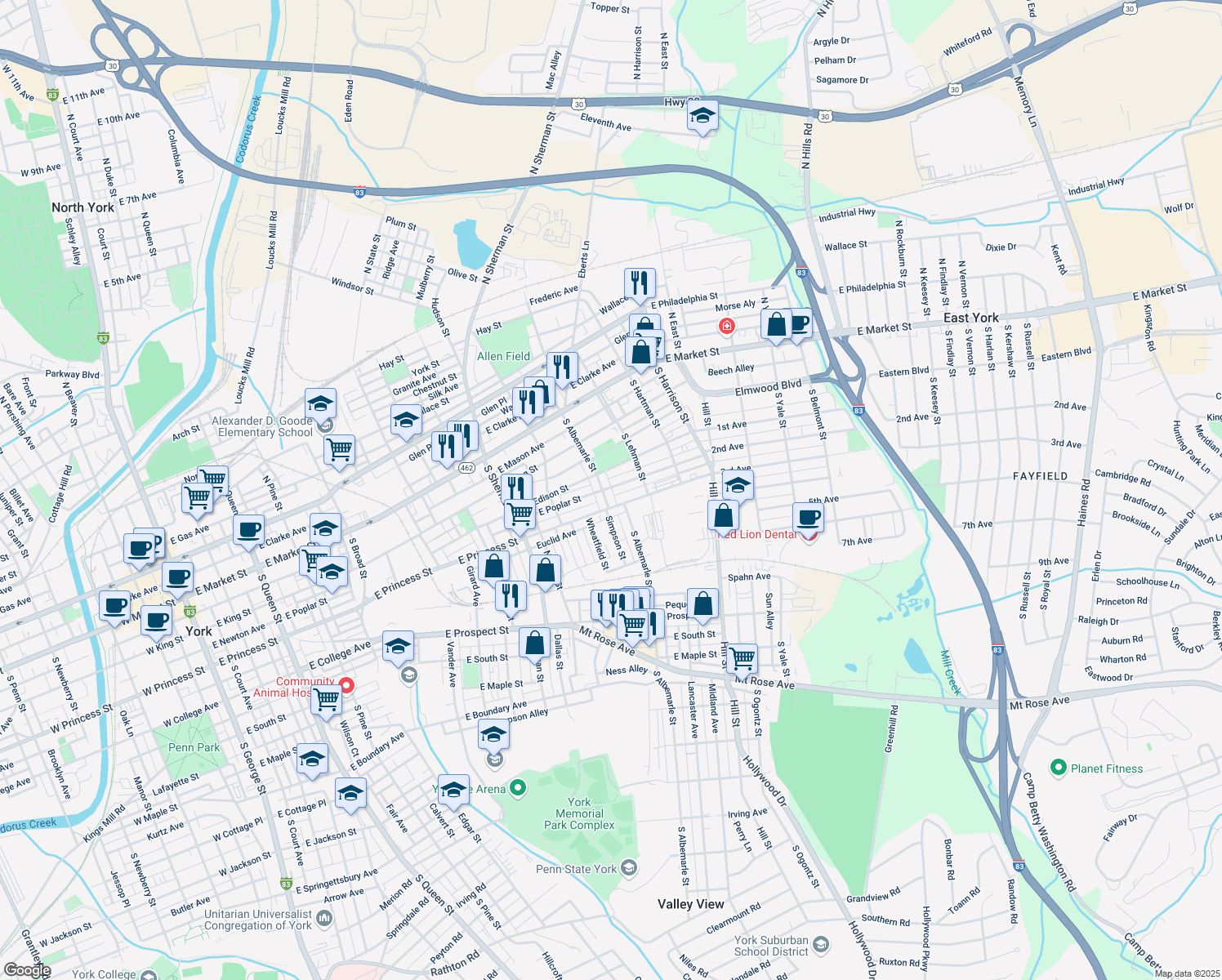 map of restaurants, bars, coffee shops, grocery stores, and more near 253 South Albemarle Street in York