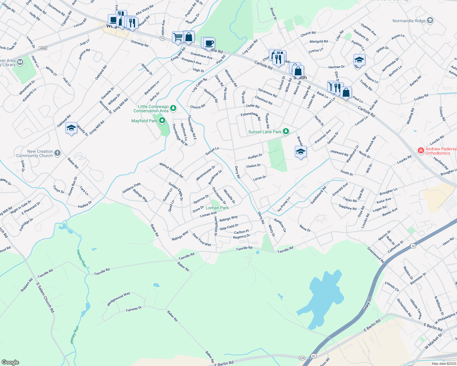 map of restaurants, bars, coffee shops, grocery stores, and more near 2737 Sparrow Drive in York