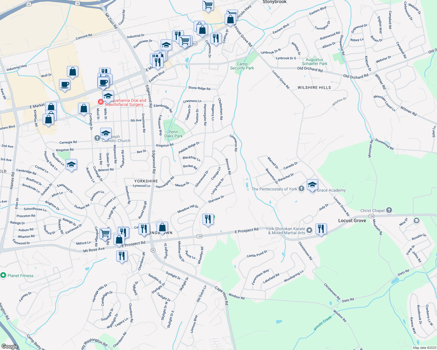 map of restaurants, bars, coffee shops, grocery stores, and more near 3723 Cayuga Lane in York