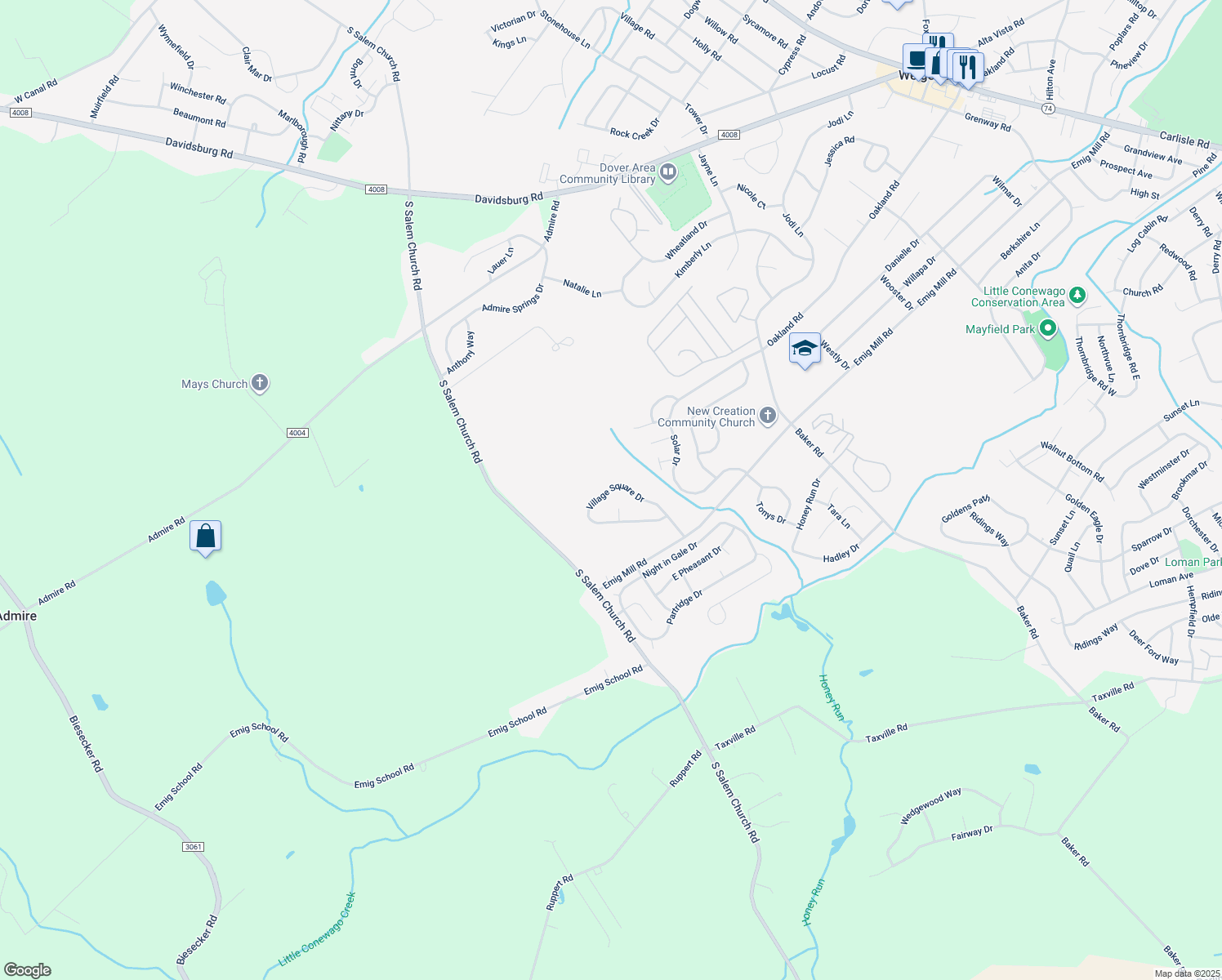 map of restaurants, bars, coffee shops, grocery stores, and more near 2926 Village Square Drive in Dover
