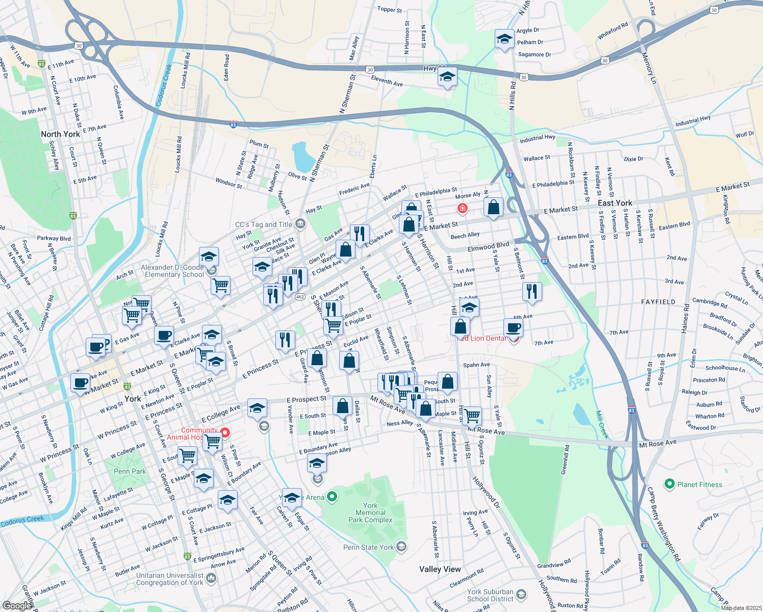 map of restaurants, bars, coffee shops, grocery stores, and more near 208 South Albemarle Street in York