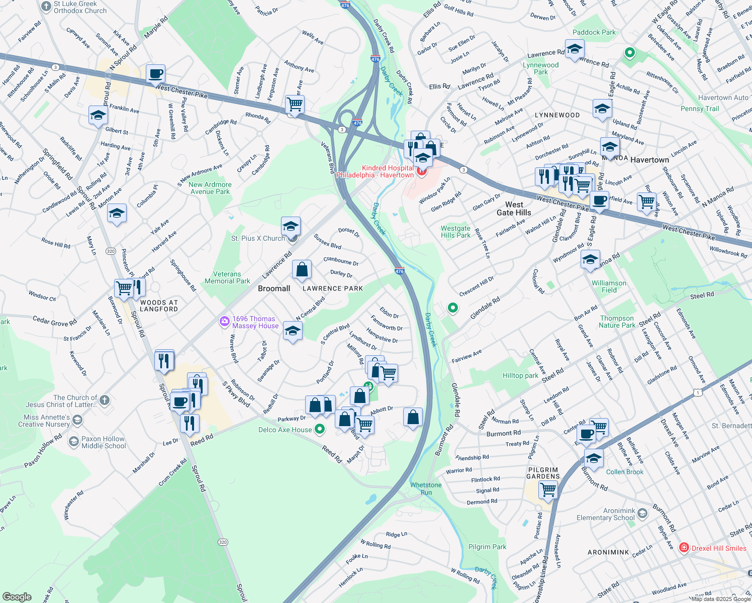 map of restaurants, bars, coffee shops, grocery stores, and more near 627 S Central Blvd in Broomall