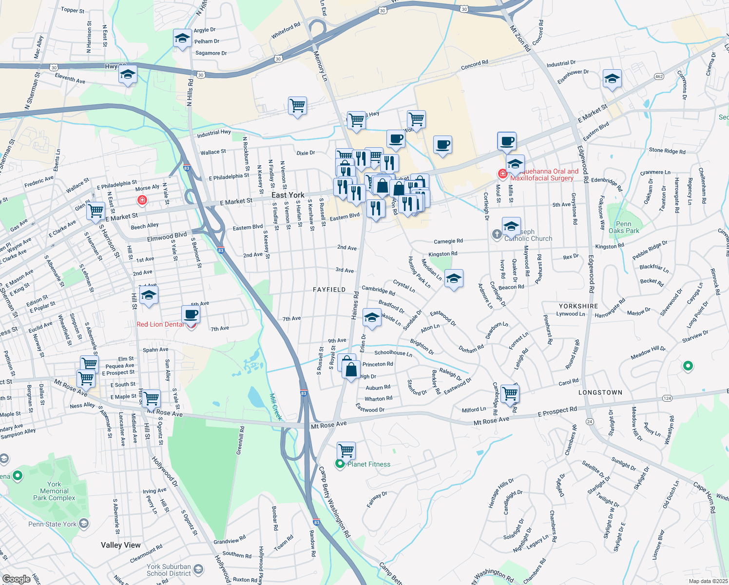 map of restaurants, bars, coffee shops, grocery stores, and more near 510 Erlen Drive in York