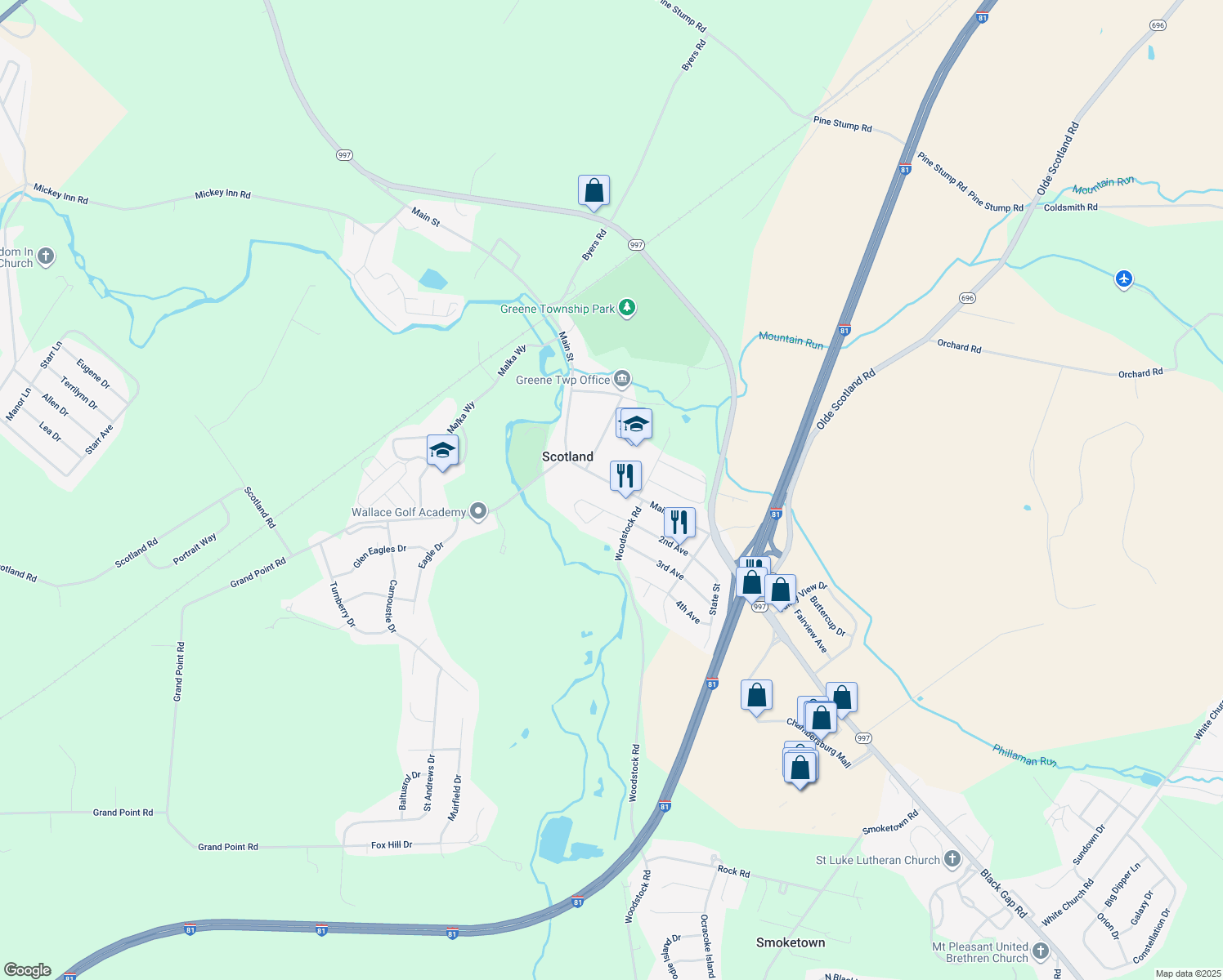 map of restaurants, bars, coffee shops, grocery stores, and more near 3837 Main Street in Chambersburg