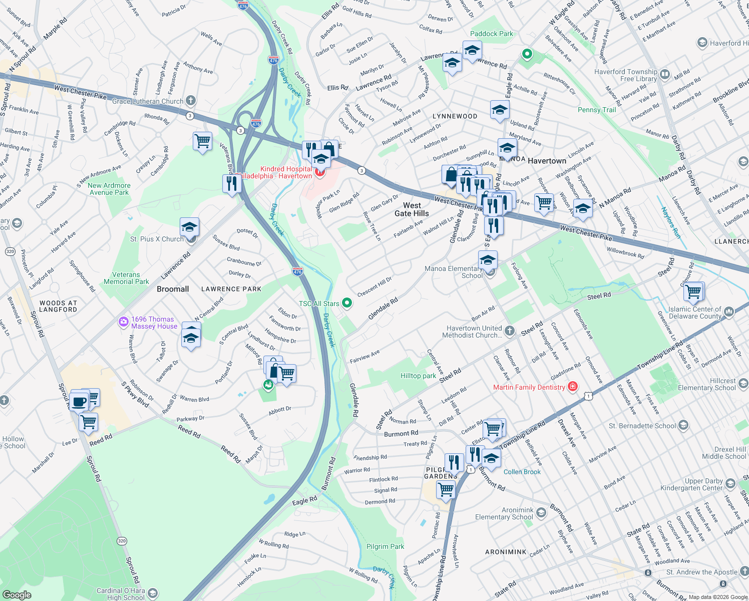 map of restaurants, bars, coffee shops, grocery stores, and more near 333 Francis Dr in Havertown