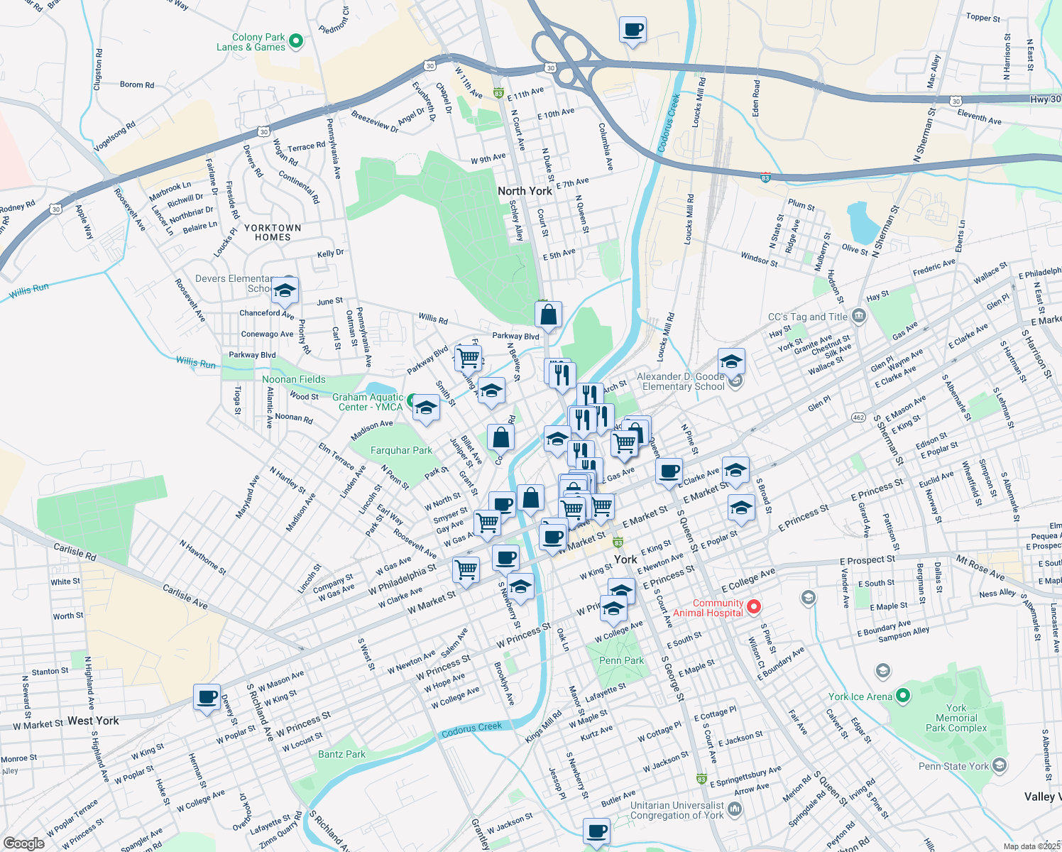 map of restaurants, bars, coffee shops, grocery stores, and more near 400 North Beaver Street in York
