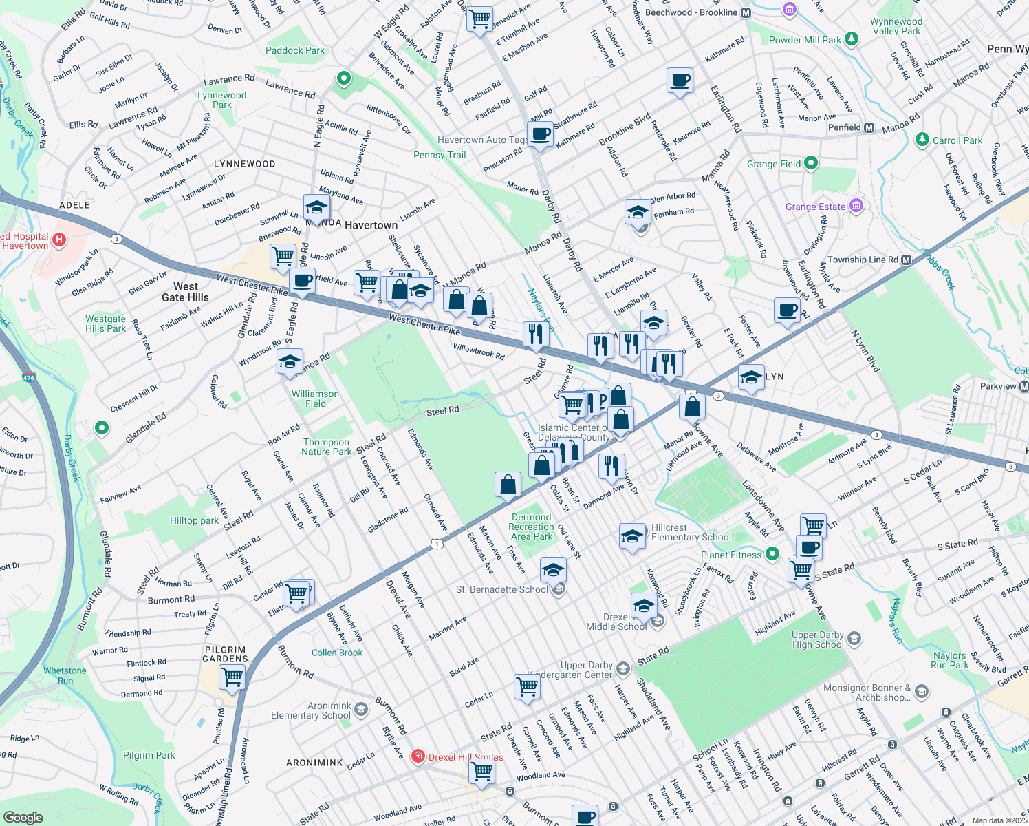 map of restaurants, bars, coffee shops, grocery stores, and more near 430 Greenview Ln in Havertown