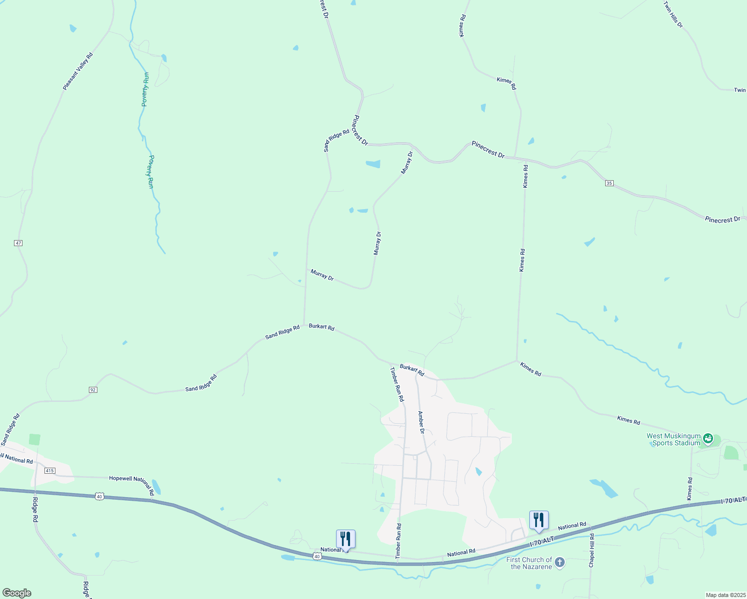 map of restaurants, bars, coffee shops, grocery stores, and more near 1368 Murray Drive in Zanesville