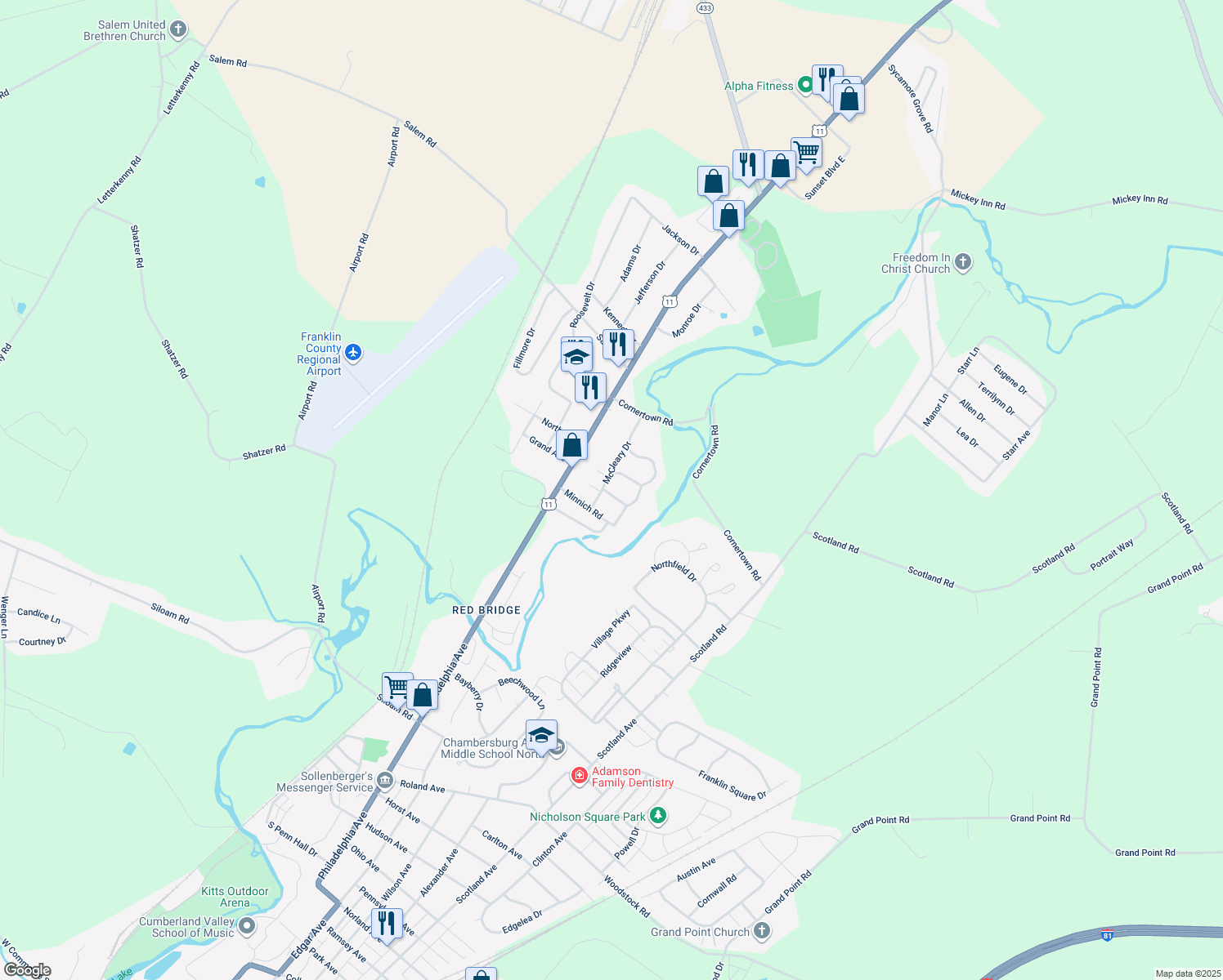 map of restaurants, bars, coffee shops, grocery stores, and more near 73 Brookmeadow Lane in Chambersburg