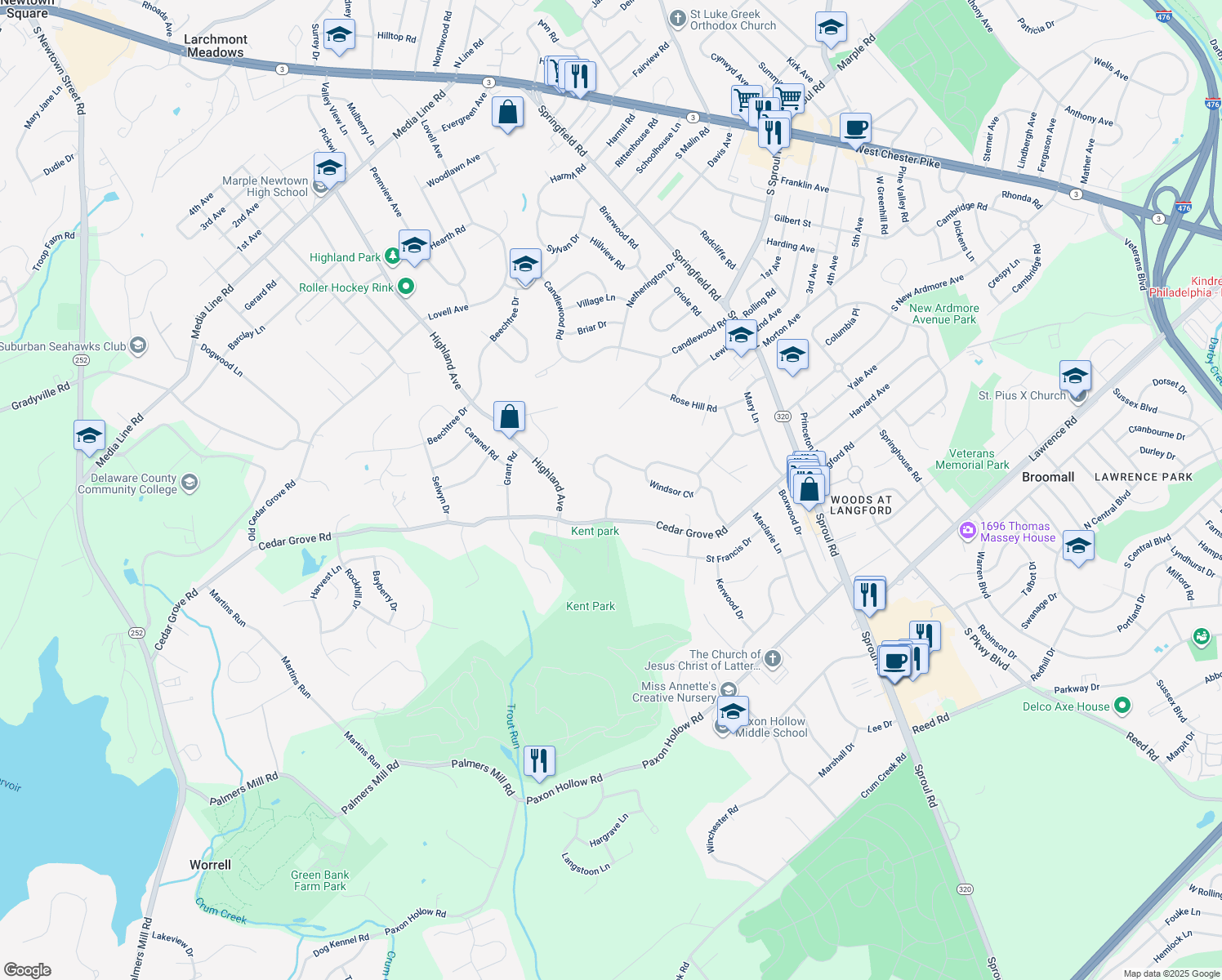 map of restaurants, bars, coffee shops, grocery stores, and more near 2509 Parke Ln in Broomall