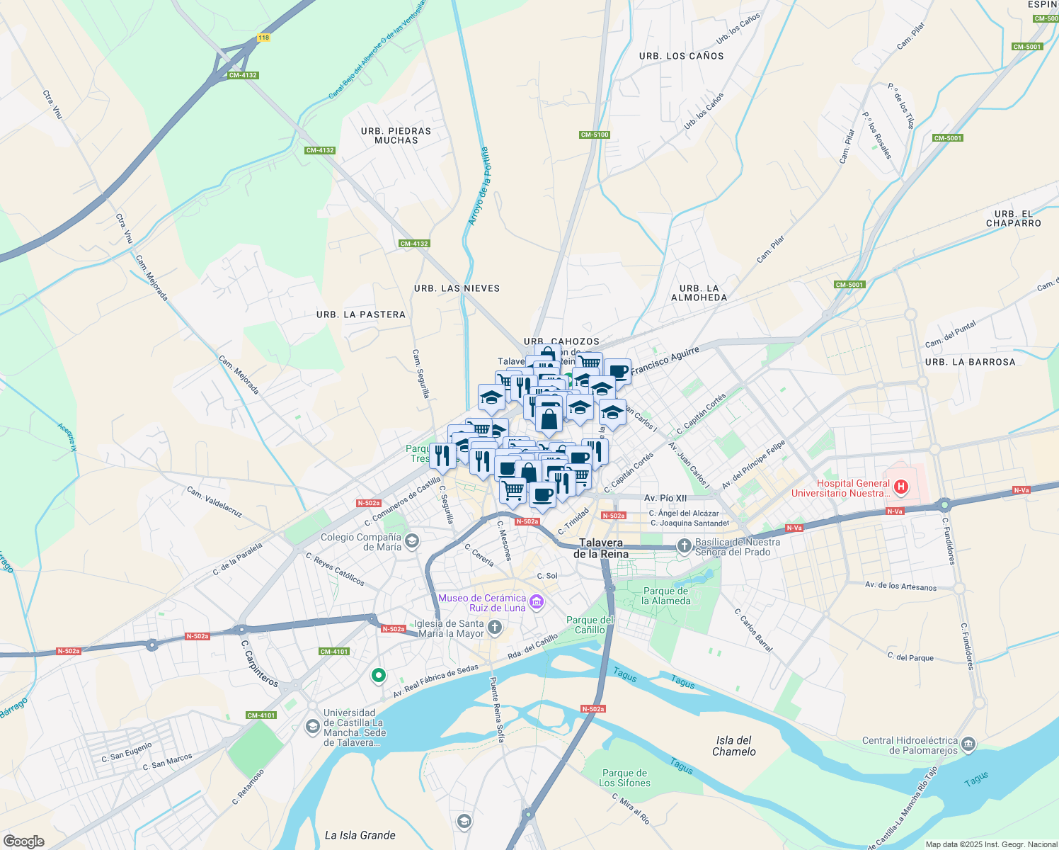 map of restaurants, bars, coffee shops, grocery stores, and more near 6 Calle San Juan Bautista la Salle in Talavera de la Reina
